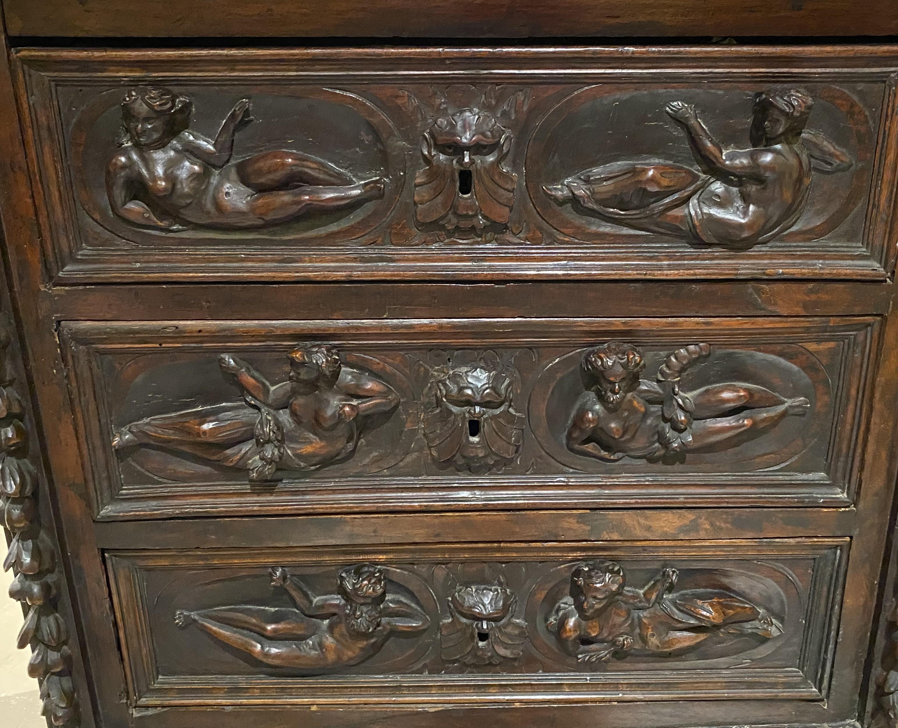 Baroque 17th/18th Century Heavily Carved Italian Walnut Three Drawer Chest or Cabinet For Sale