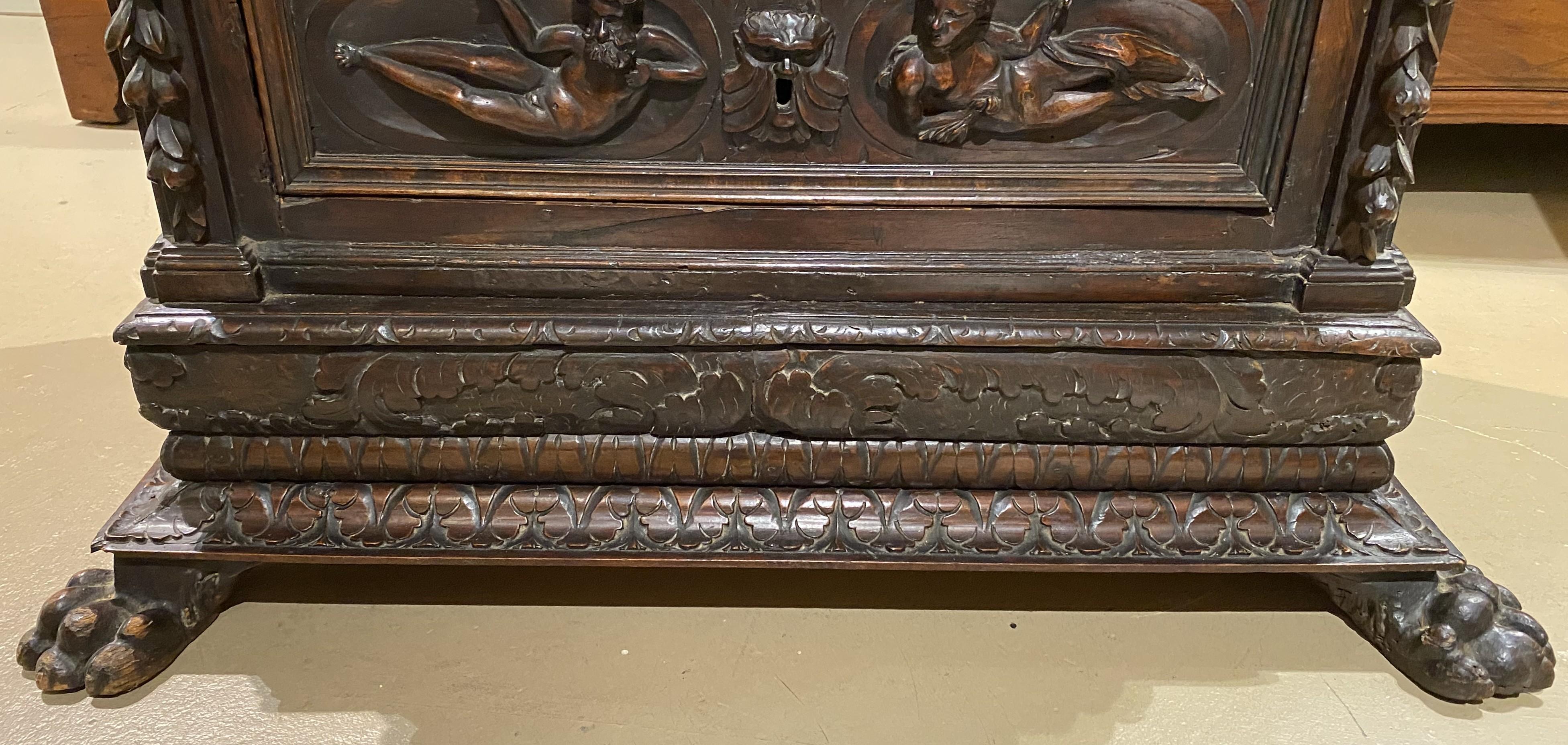 Hand-Carved 17th/18th Century Heavily Carved Italian Walnut Three Drawer Chest or Cabinet For Sale
