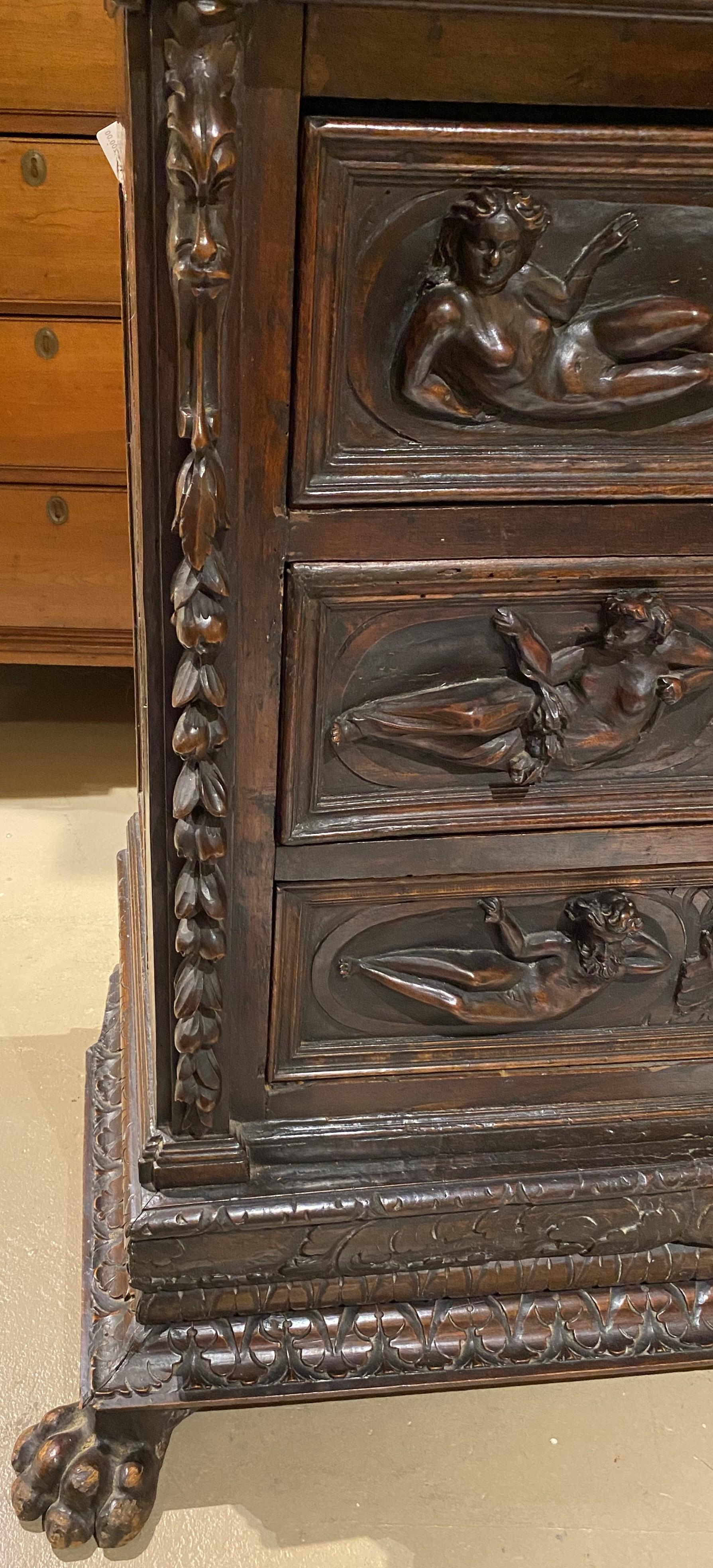 17th/18th Century Heavily Carved Italian Walnut Three Drawer Chest or Cabinet In Good Condition For Sale In Milford, NH