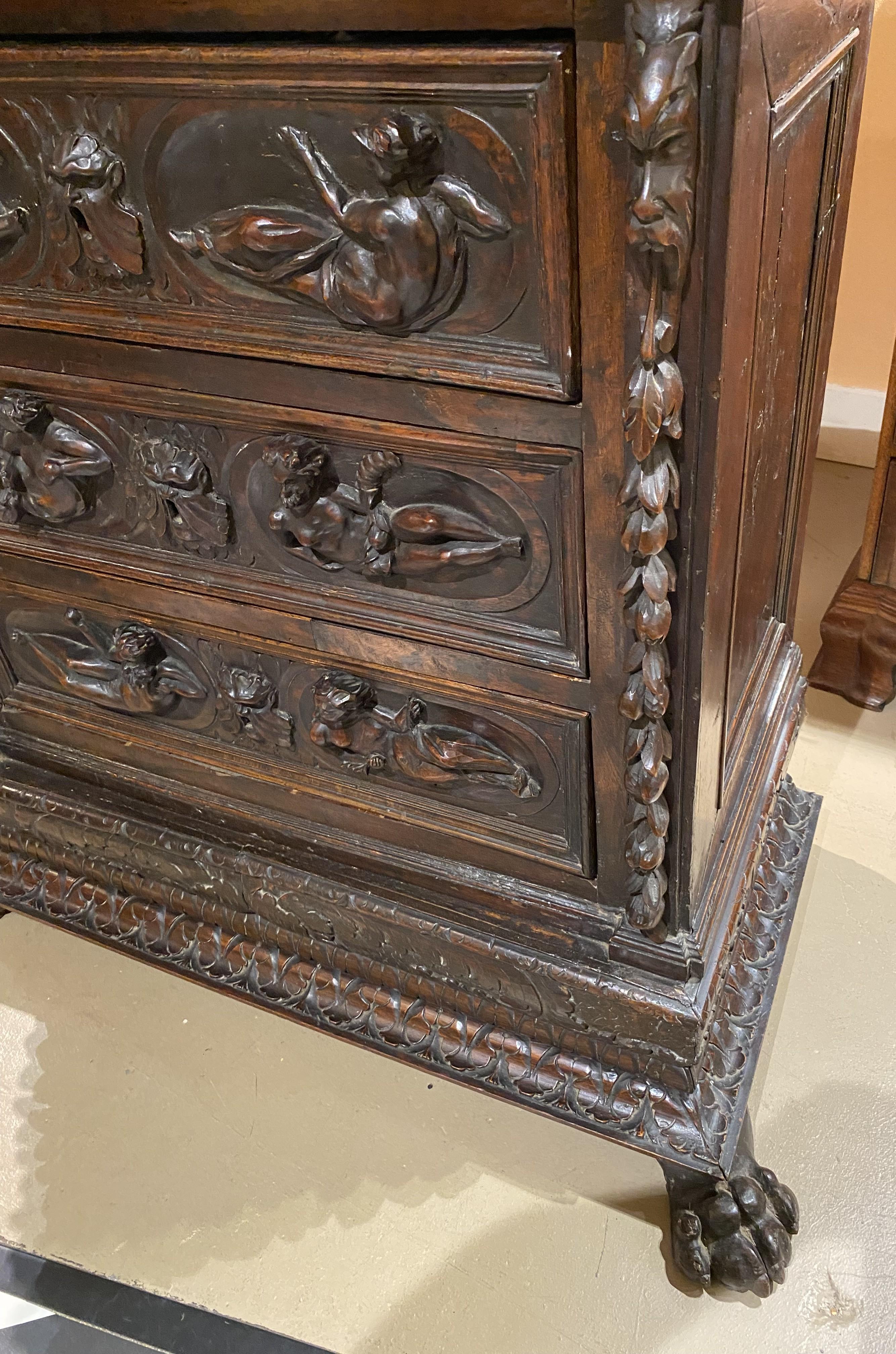 17th Century 17th/18th Century Heavily Carved Italian Walnut Three Drawer Chest or Cabinet For Sale