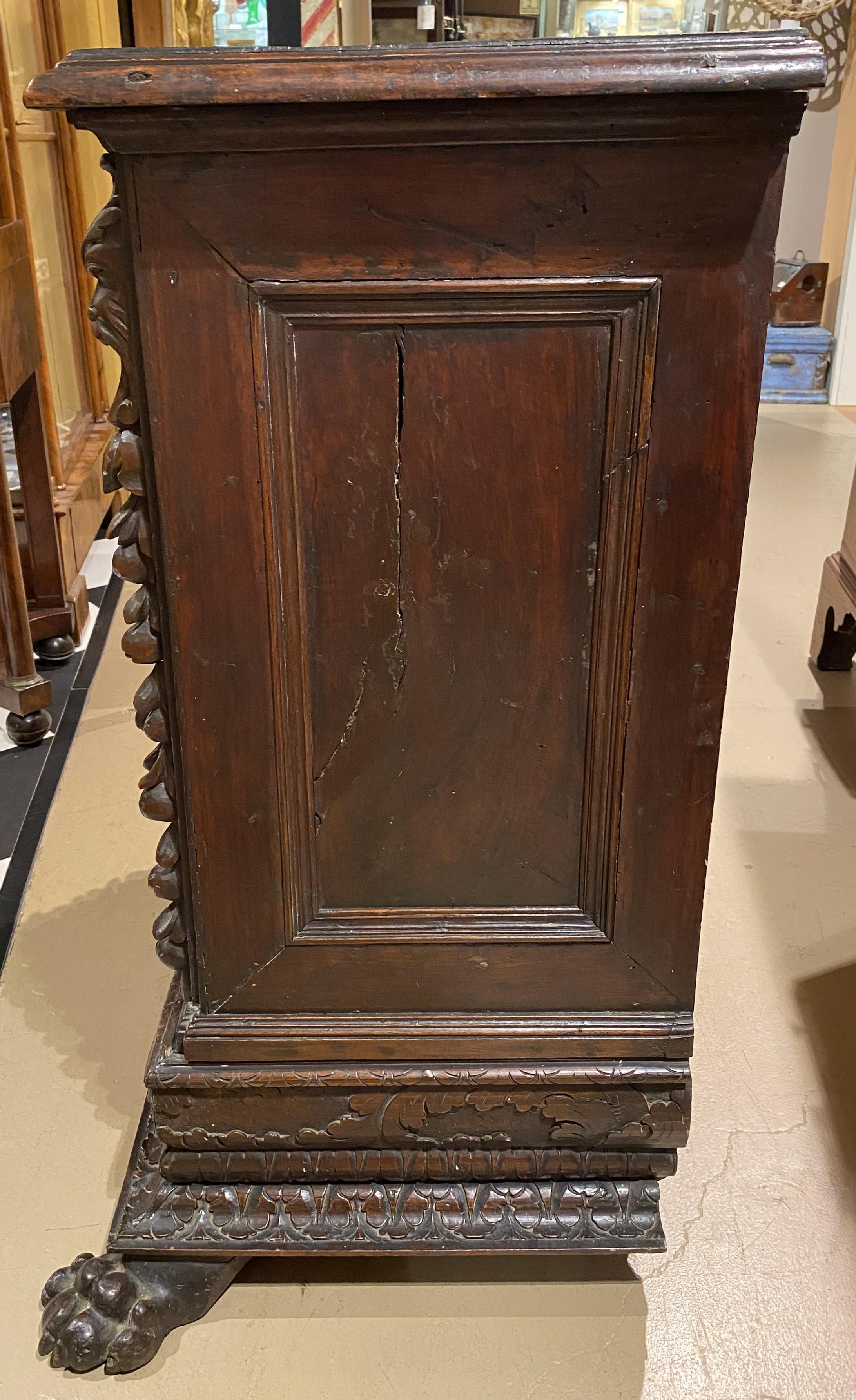 Metal 17th/18th Century Heavily Carved Italian Walnut Three Drawer Chest or Cabinet For Sale