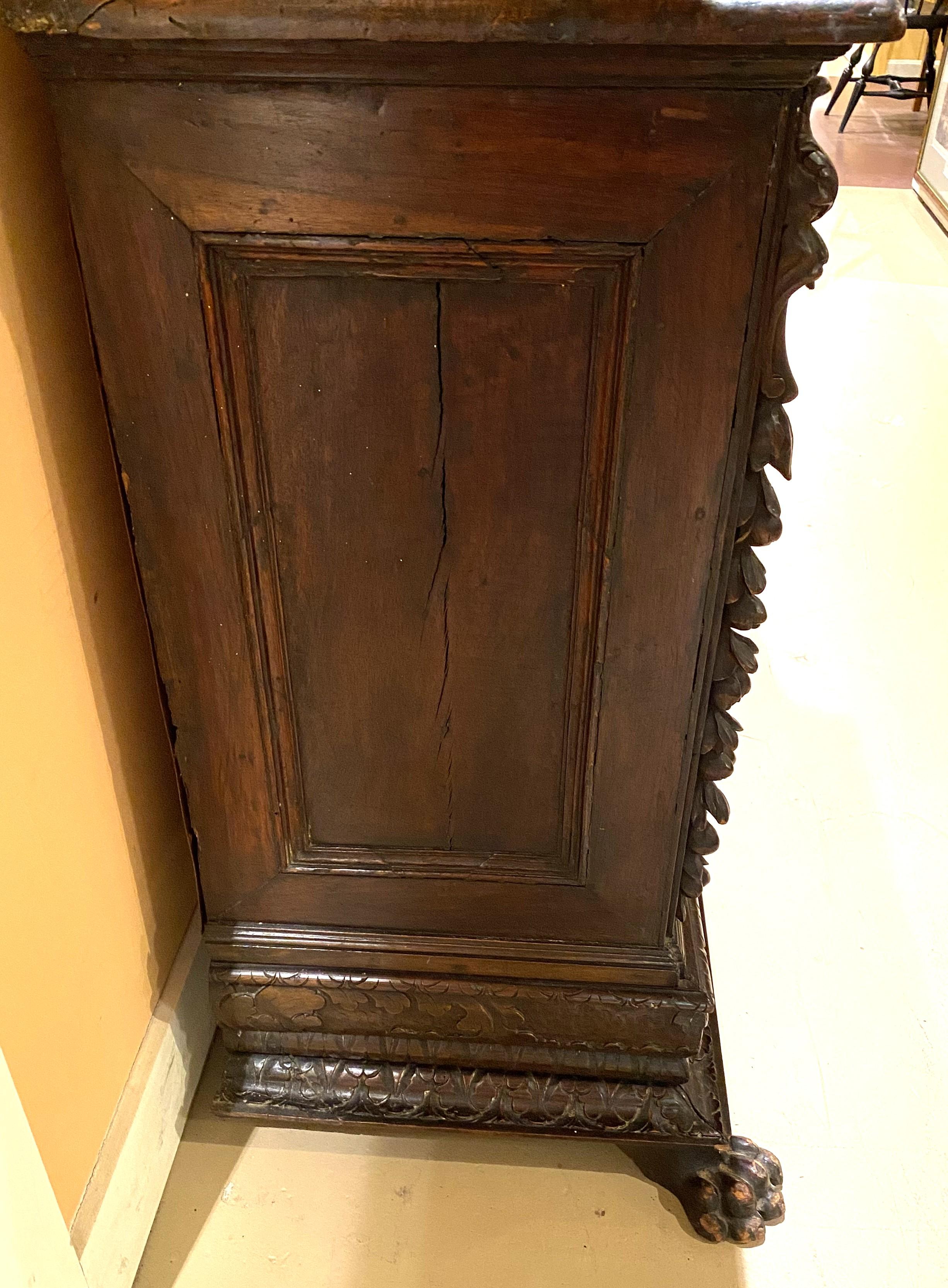 17th/18th Century Heavily Carved Italian Walnut Three Drawer Chest or Cabinet For Sale 1