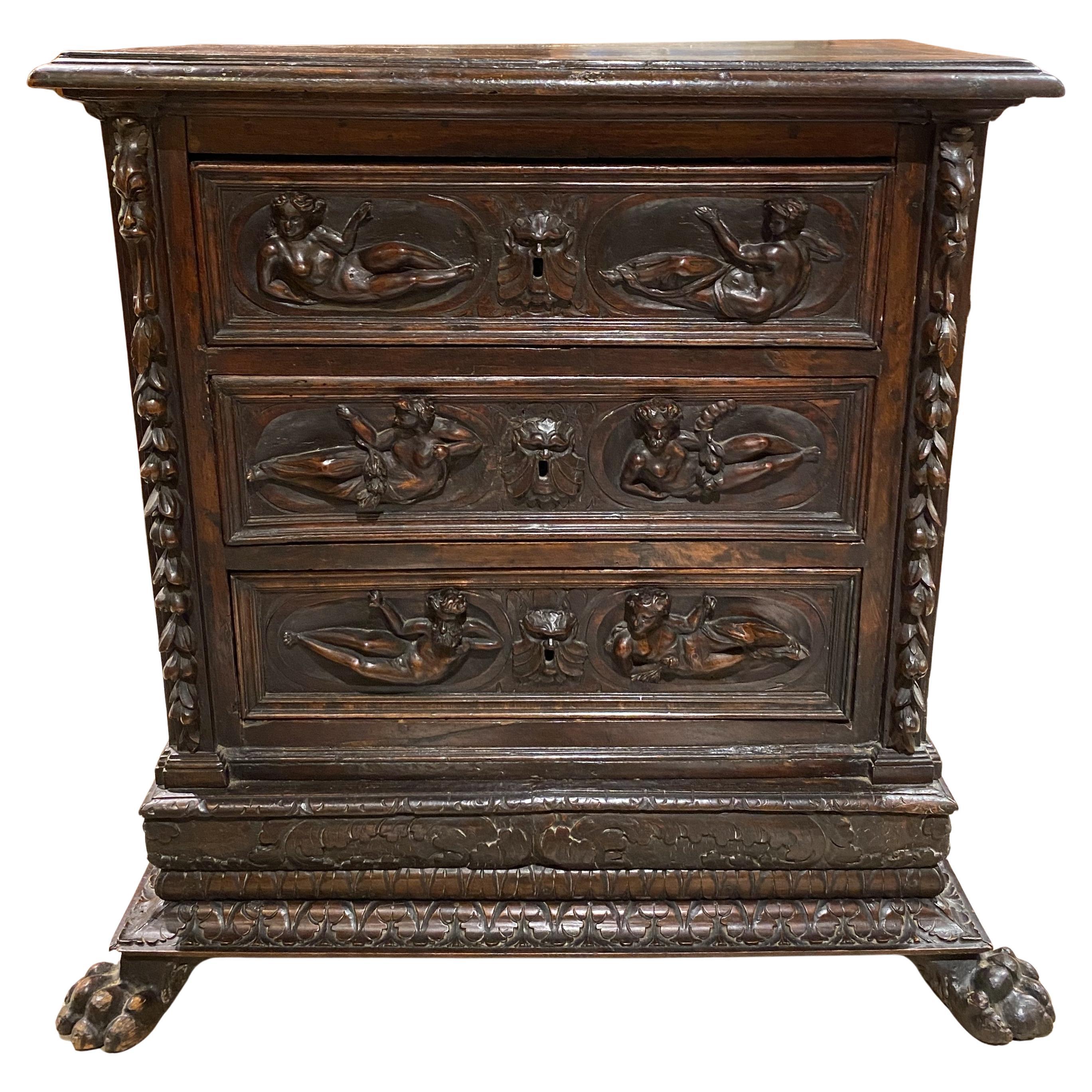 17th/18th Century Heavily Carved Italian Walnut Three Drawer Chest or Cabinet For Sale