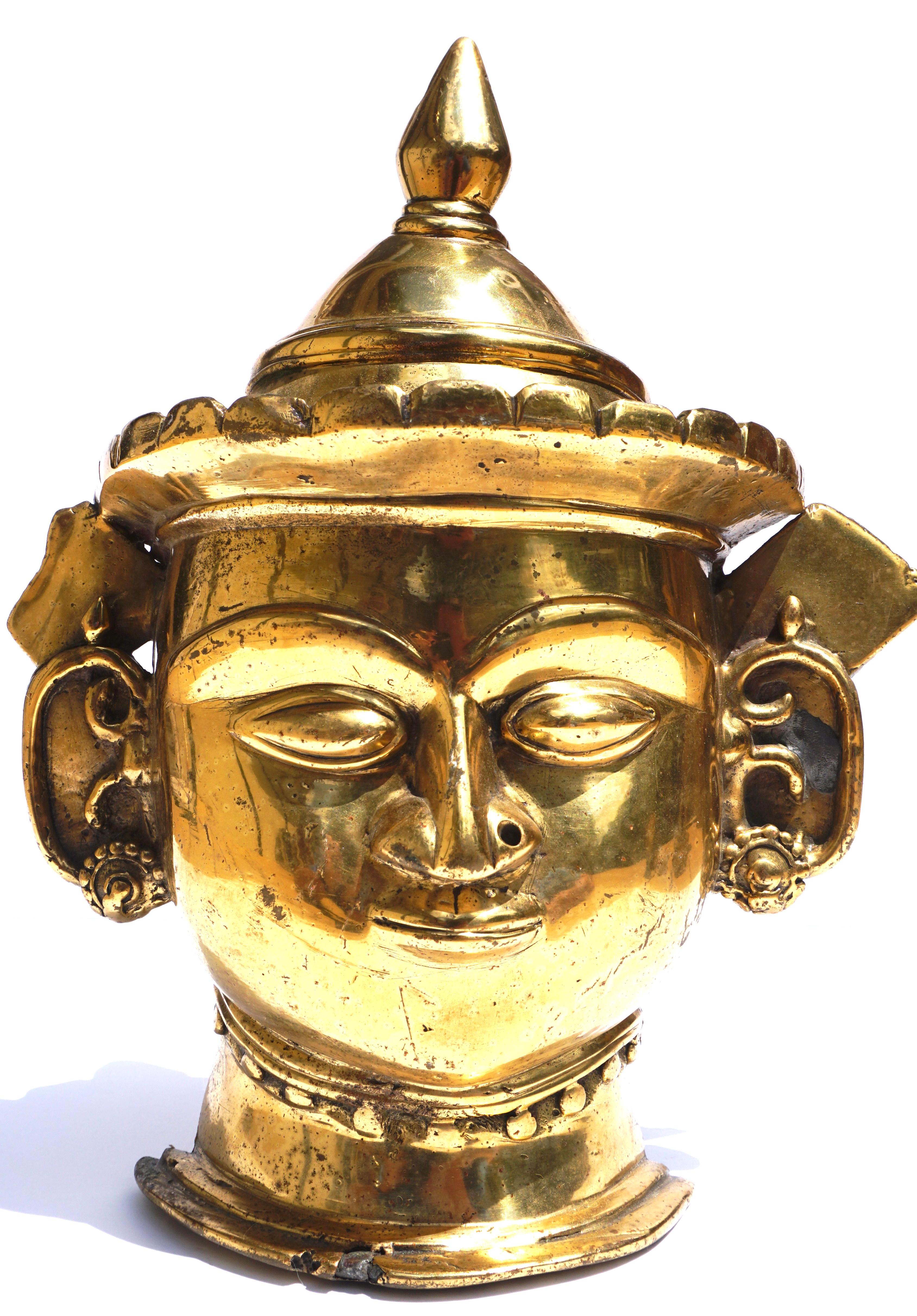 Anglo Raj 17th-18th Century Indian Mukhalingam Gilt Bronze Mask