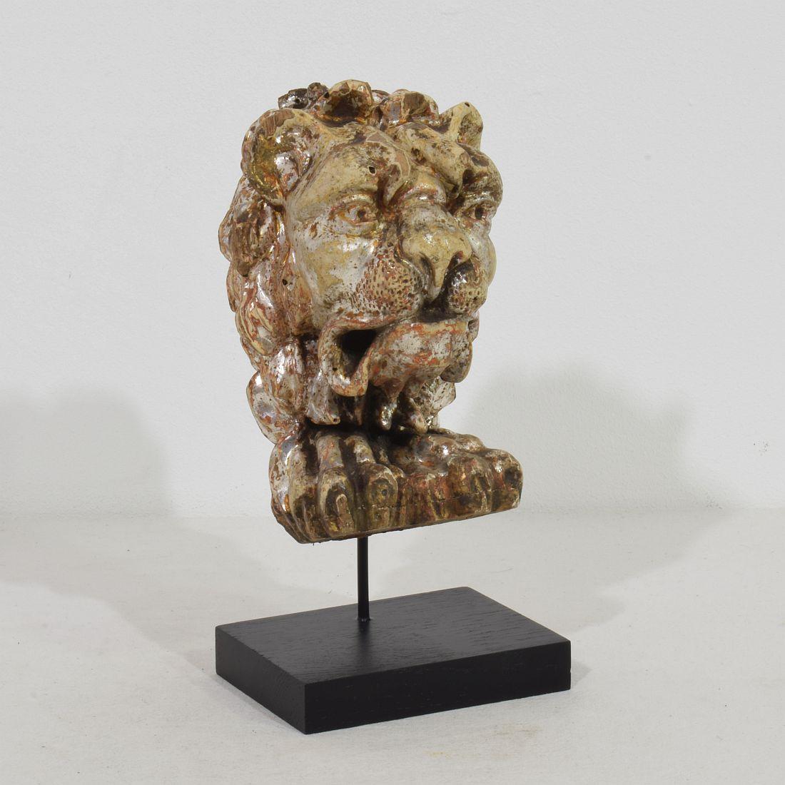 Hand-Carved 17th/18th Century Italian Carved and Silvered Wooden Lion Head