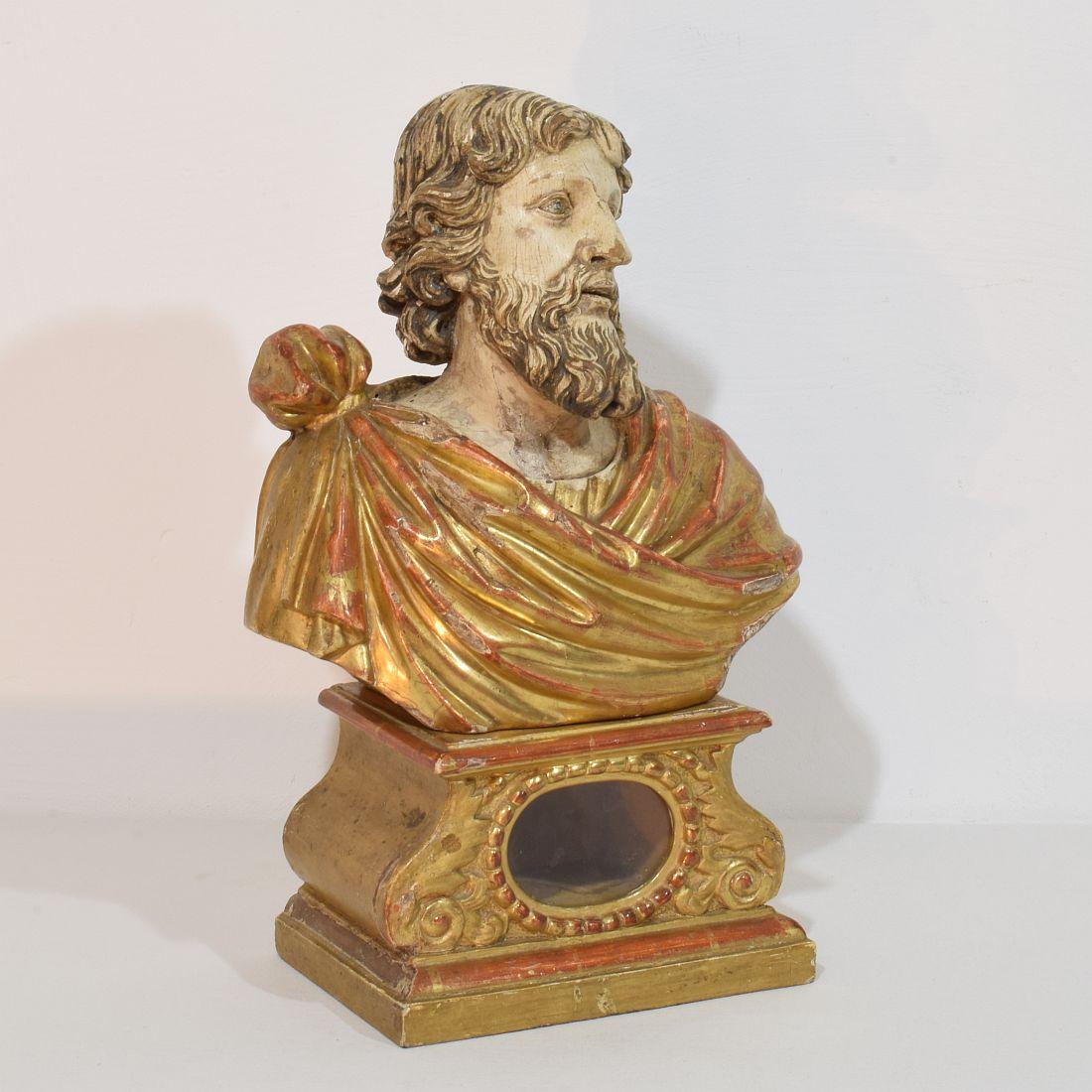 Baroque 17th-18th Century Italian Hand carved Wooden Reliquary Bust of a Saint For Sale