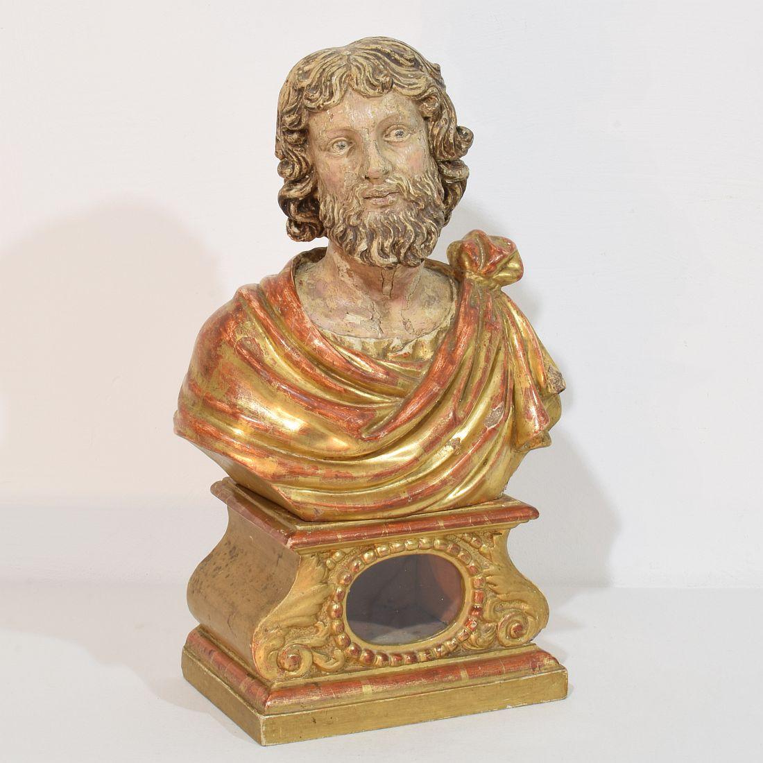 Baroque Buste de saint en bois sculpté à la main, Italie 17e-18e siècle en vente