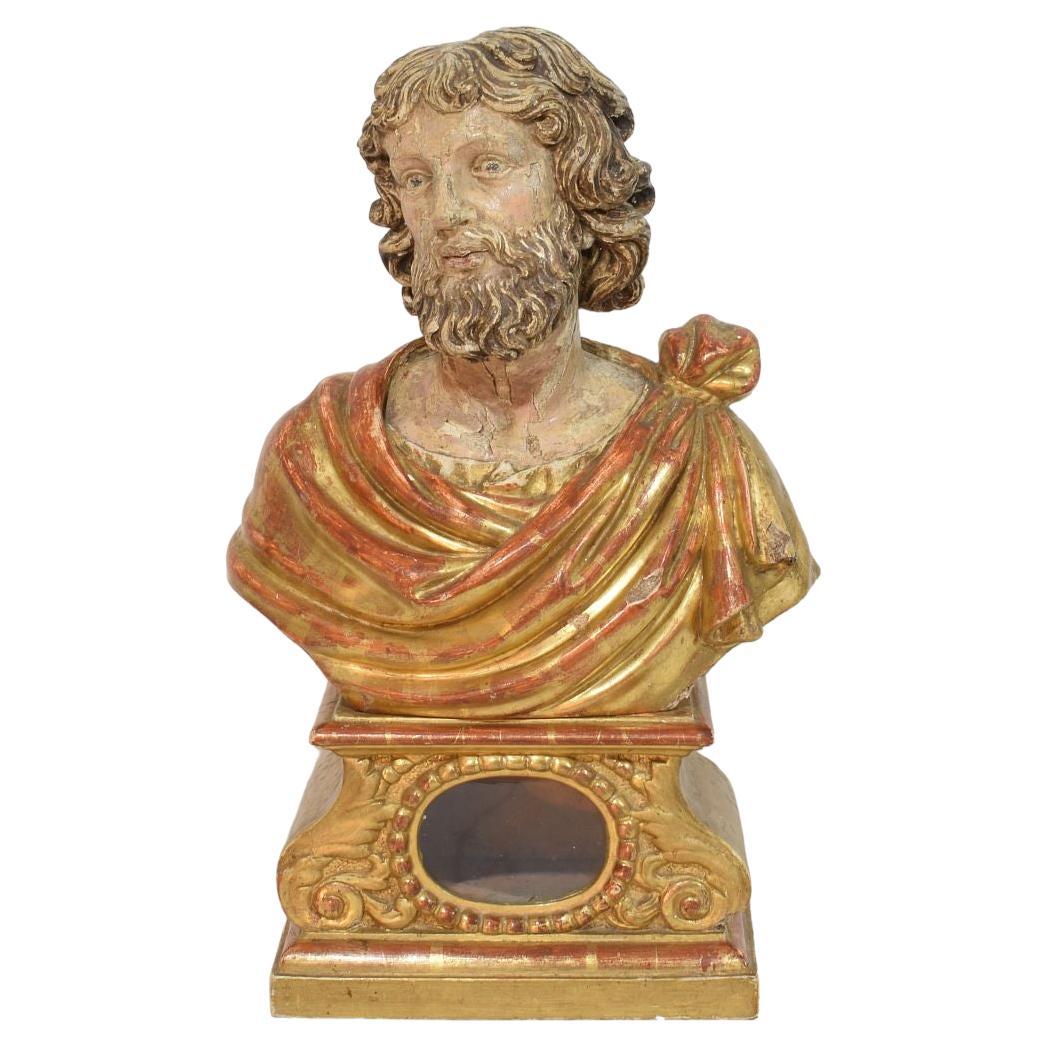 17th-18th Century Italian Hand carved Wooden Reliquary Bust of a Saint For Sale