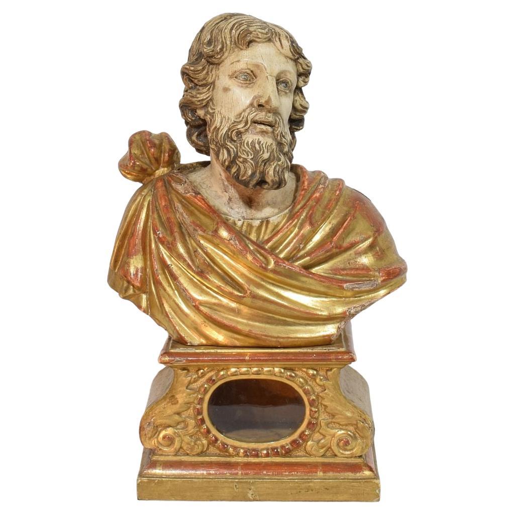 17th-18th Century Italian Hand carved Wooden Reliquary Bust of a Saint For Sale