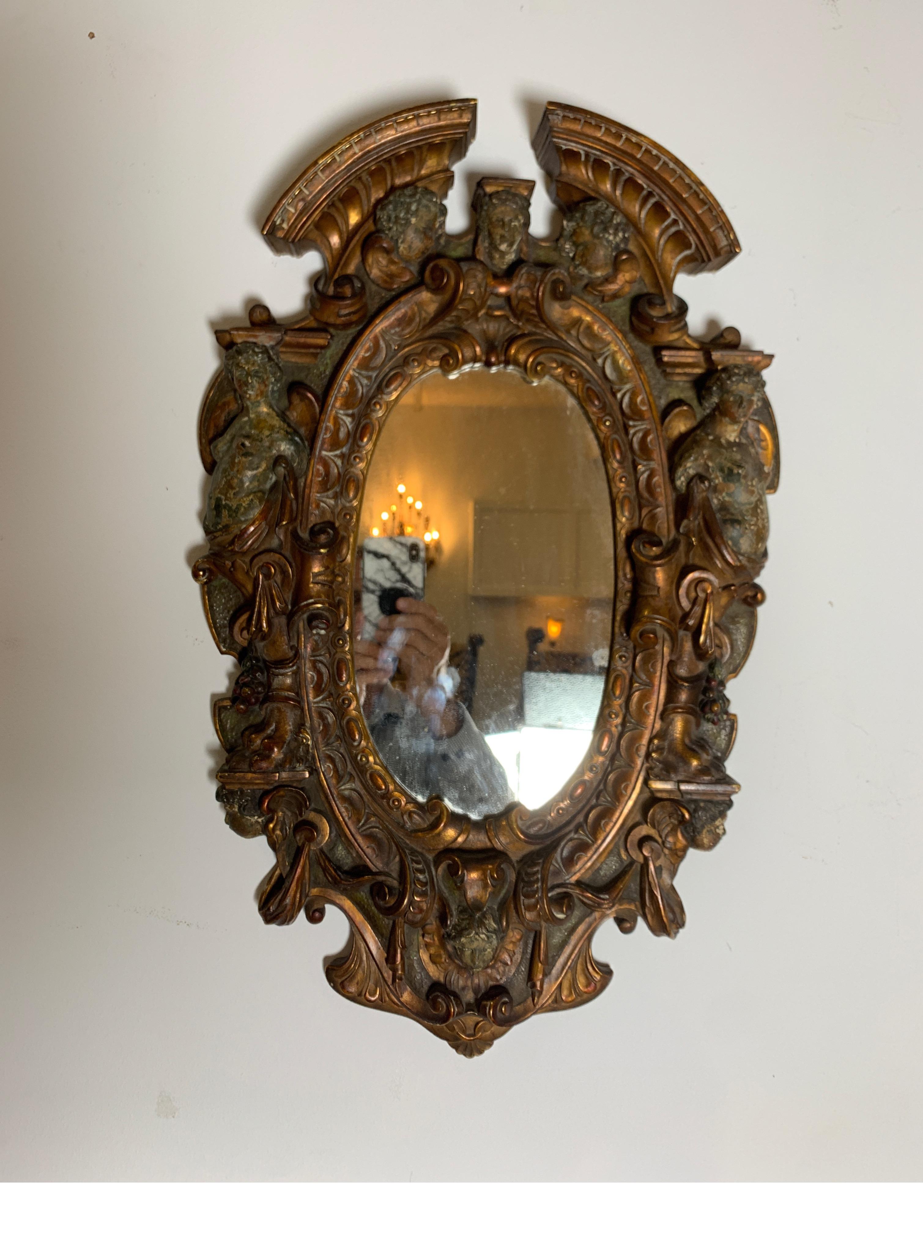 17th-18th century mixed metal Italian Renaissance mirror, made in Tuscan Italy
exceptional figural Renaissance antique mirror which is very hard to find from that
time period.