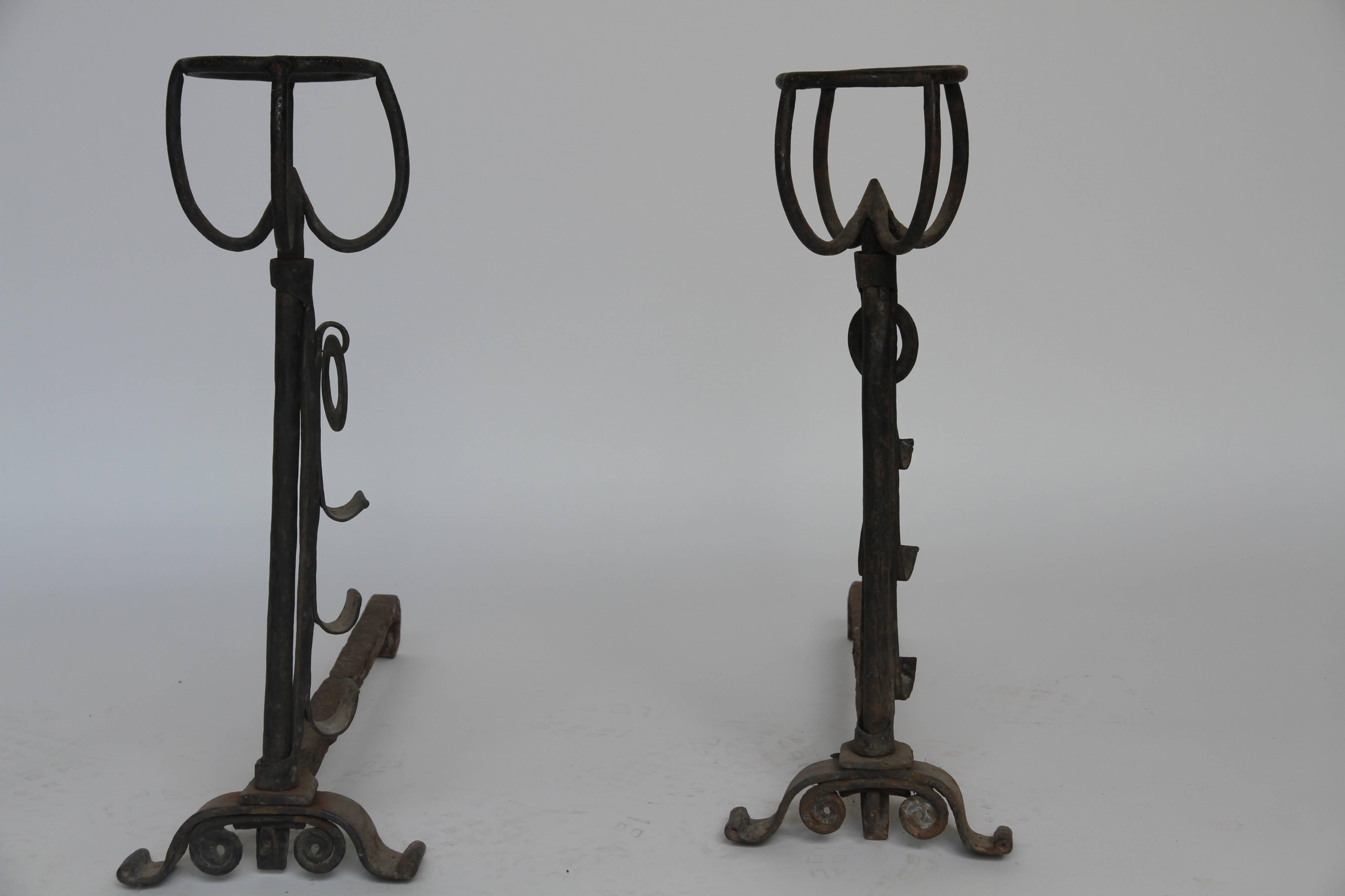 17th Century 17th-18th Century Pair of French Gothic Iron Andirons 