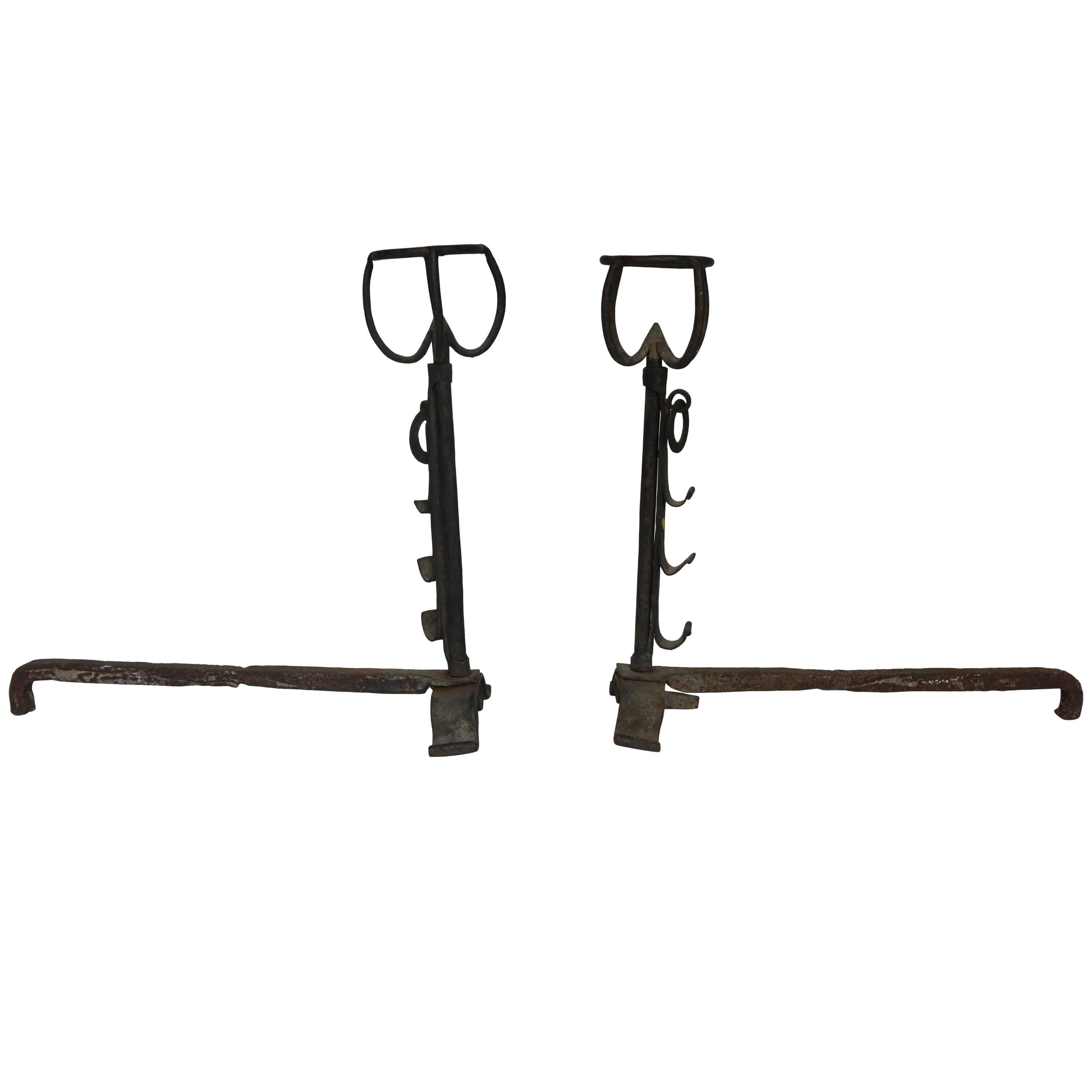 17th-18th Century Pair of French Gothic Iron Andirons "Landiers" or Fire Dogs