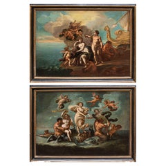 17th-18th Century Pair of Mithological Scenes Paintings Oil on Canvas