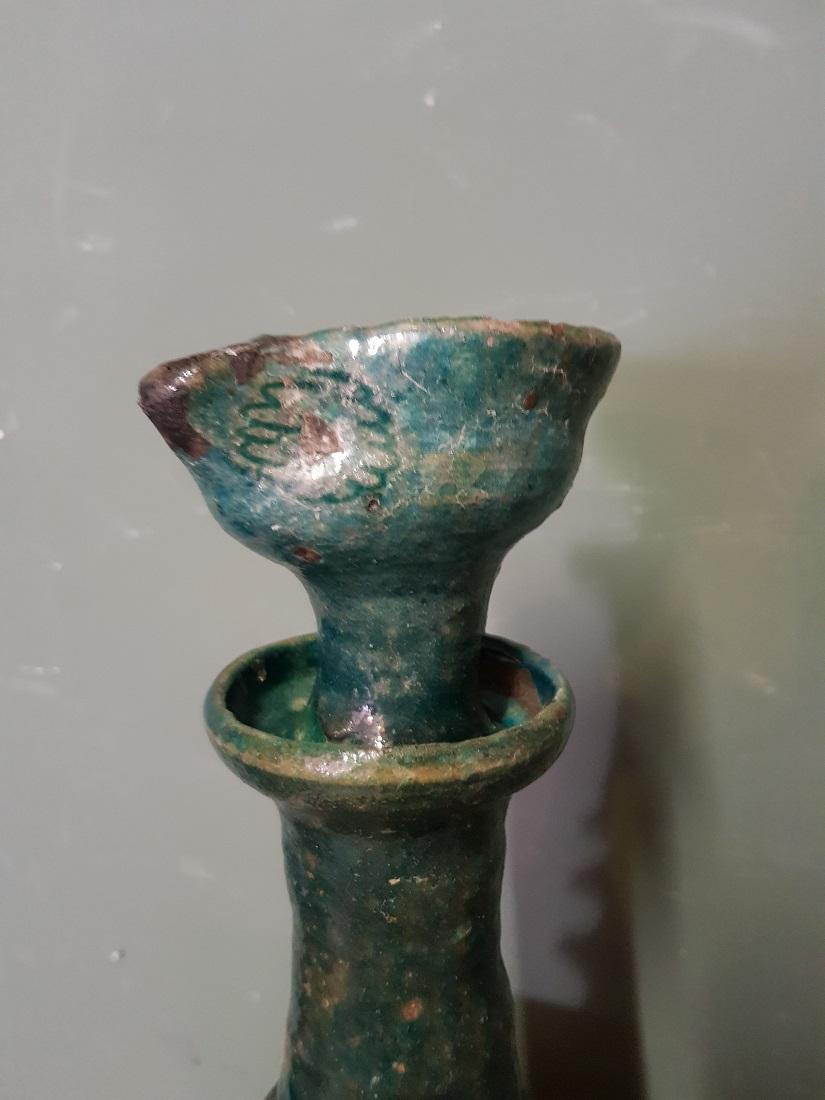 Asian 17th-18th Century Persian Blue Glazed Pottery Standing Oil Lamp For Sale