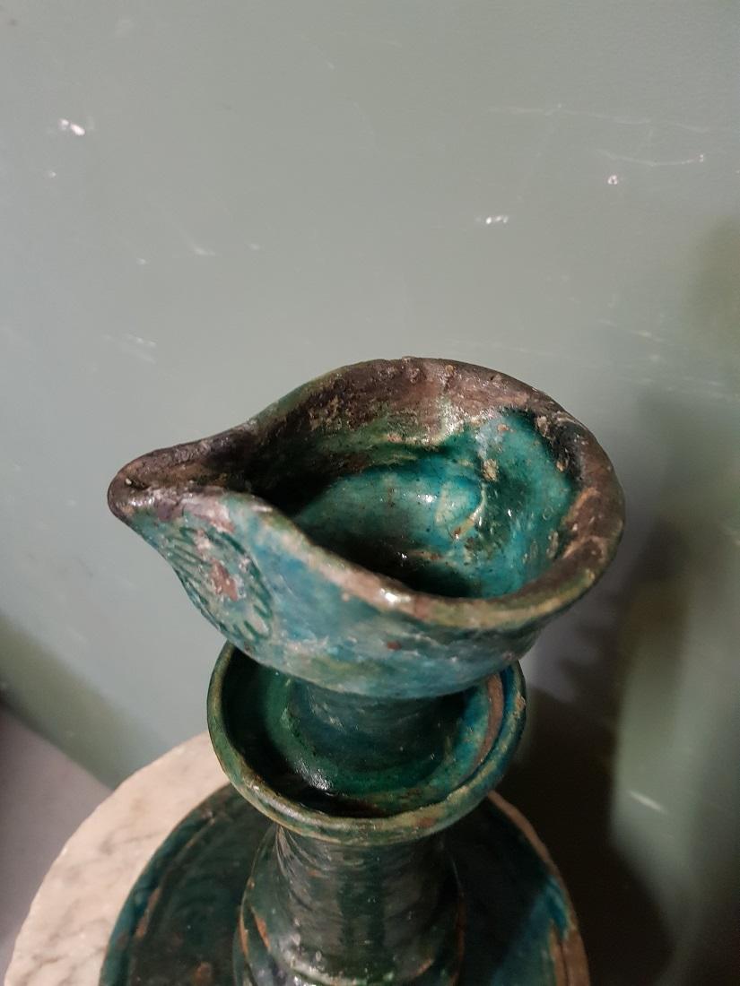 17th-18th Century Persian Blue Glazed Pottery Standing Oil Lamp In Good Condition For Sale In Raalte, NL