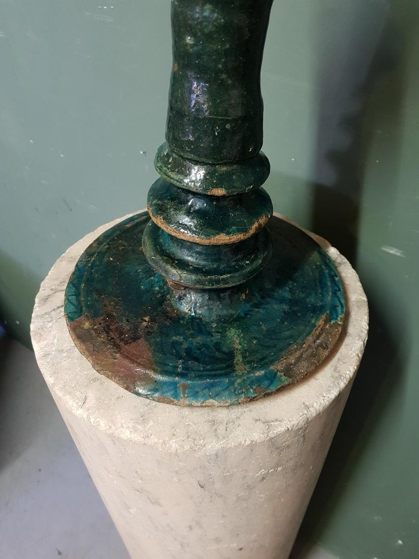 18th Century and Earlier 17th-18th Century Persian Blue Glazed Pottery Standing Oil Lamp For Sale