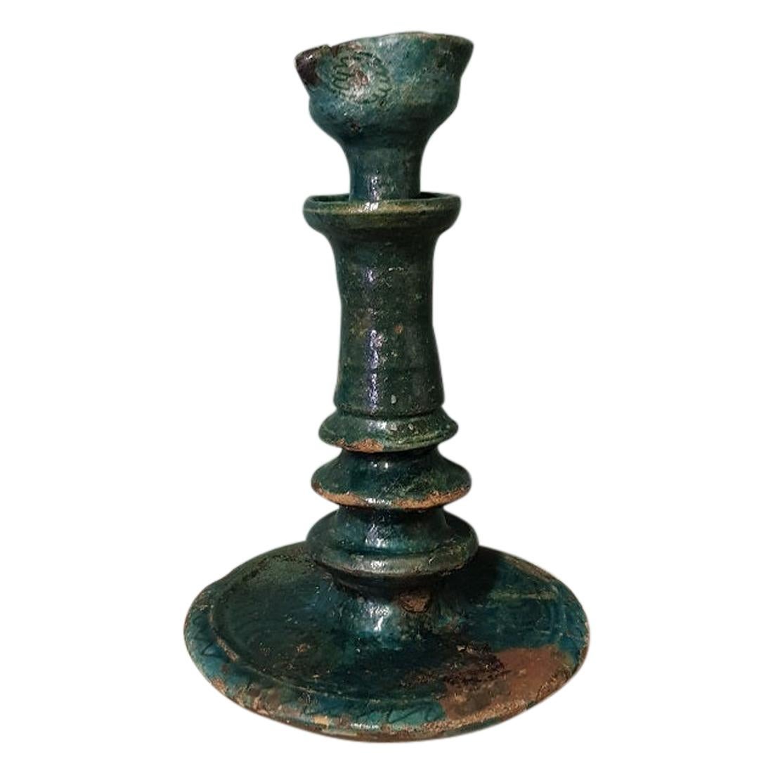 17th-18th Century Persian Blue Glazed Pottery Standing Oil Lamp For Sale