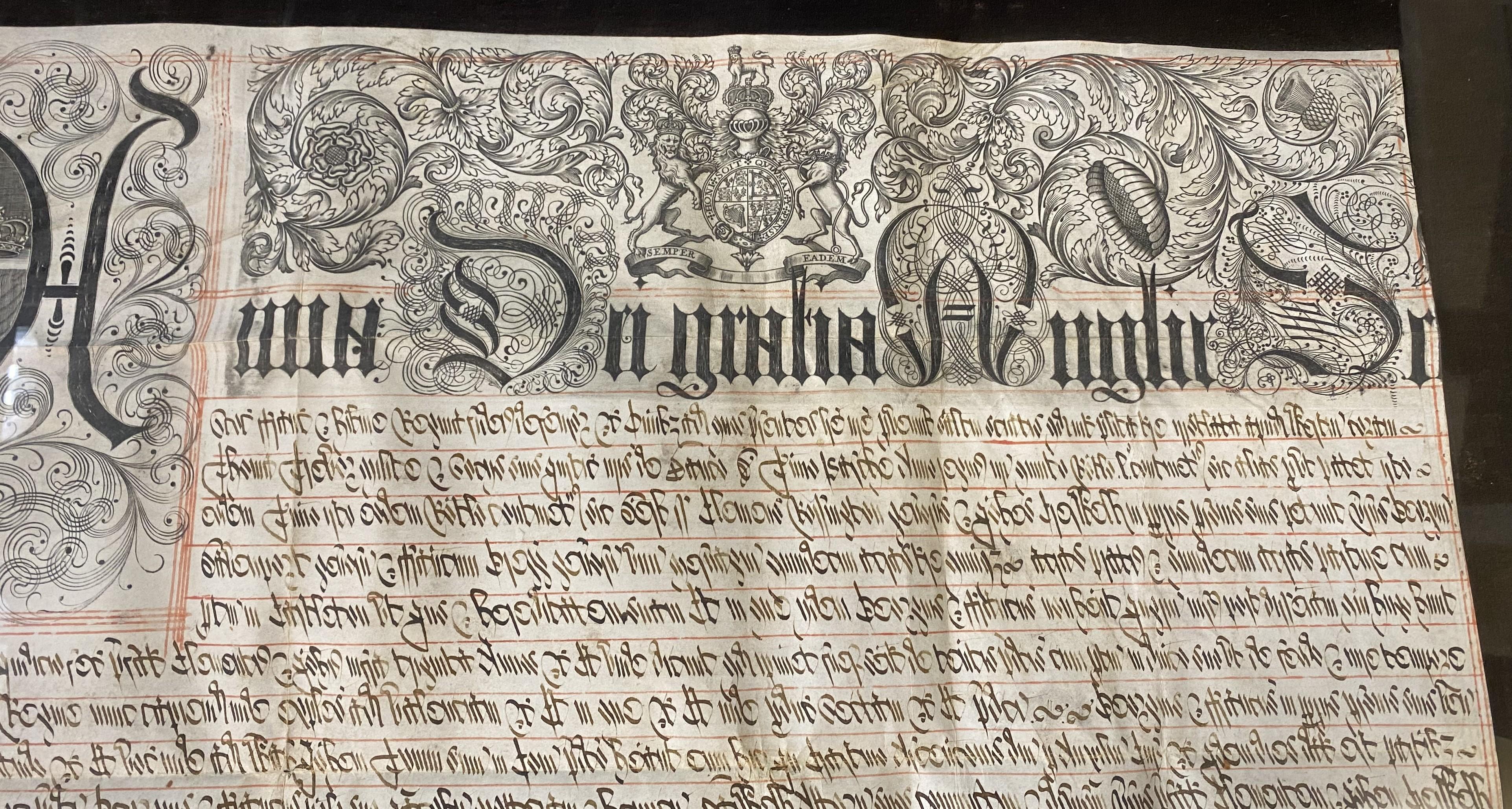 Peint à la main Lettres patentes du 17e/18e siècle de la Queen Anne sur Vellum avec Grand Sceau partiel en vente