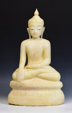 17th - 18th Century, Shan, Antique Burmese Alabaster Marble Seated Buddha Statue