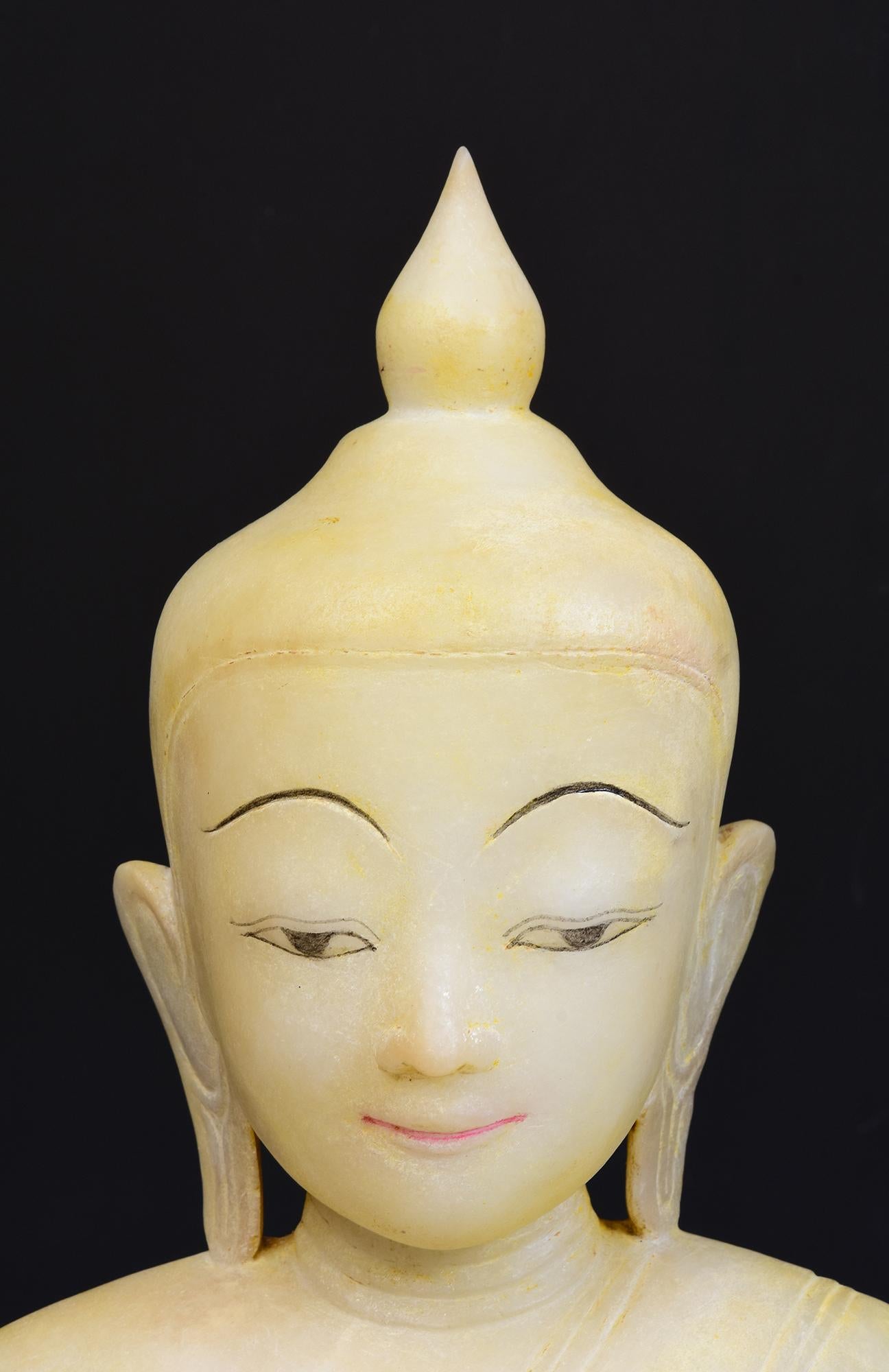 Hand-Carved 17th - 18th Century, Shan, Antique Burmese Alabaster Marble Seated Buddha Statue