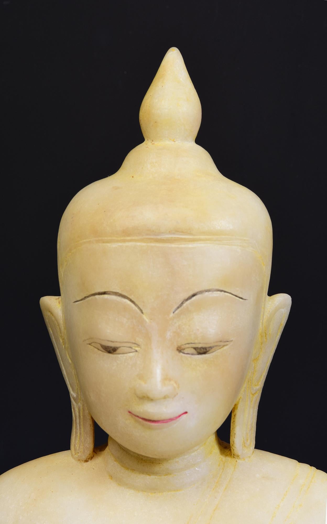 Hand-Carved 17th - 18th Century, Shan, Antique Burmese Alabaster Marble Seated Buddha Statue