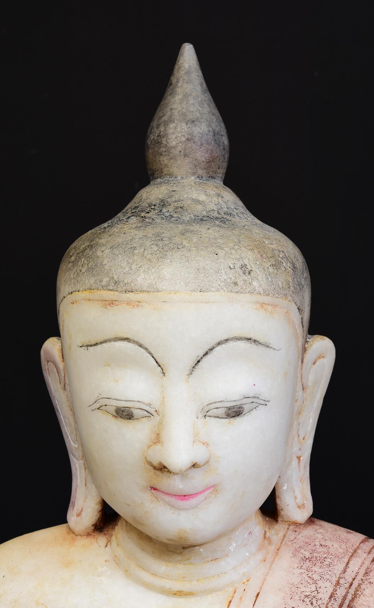 Hand-Carved 17th - 18th Century, Shan, Antique Burmese Alabaster Marble Seated Buddha Statue