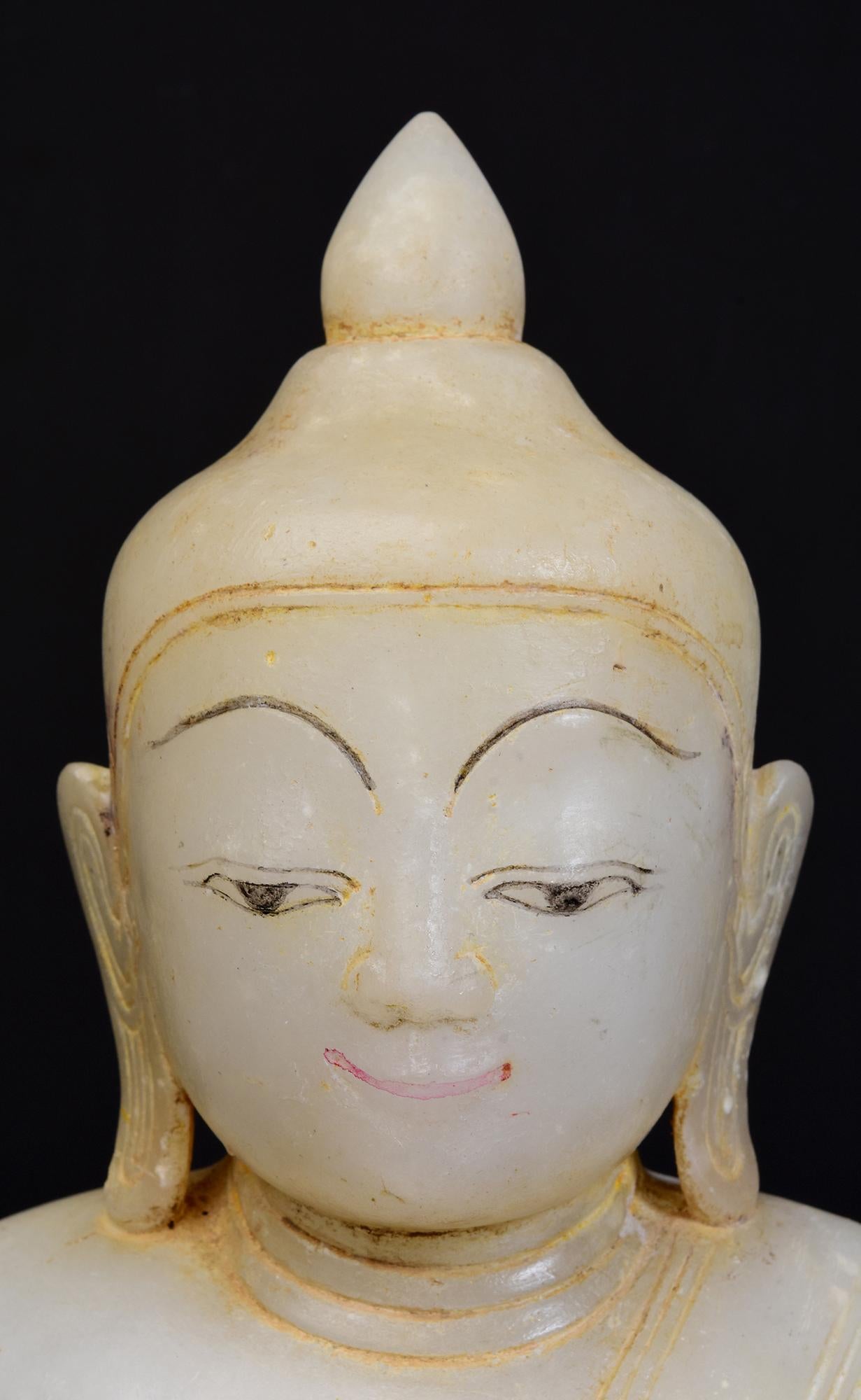 Hand-Carved 17th - 18th Century, Shan, Antique Burmese Alabaster Marble Seated Buddha Statue For Sale