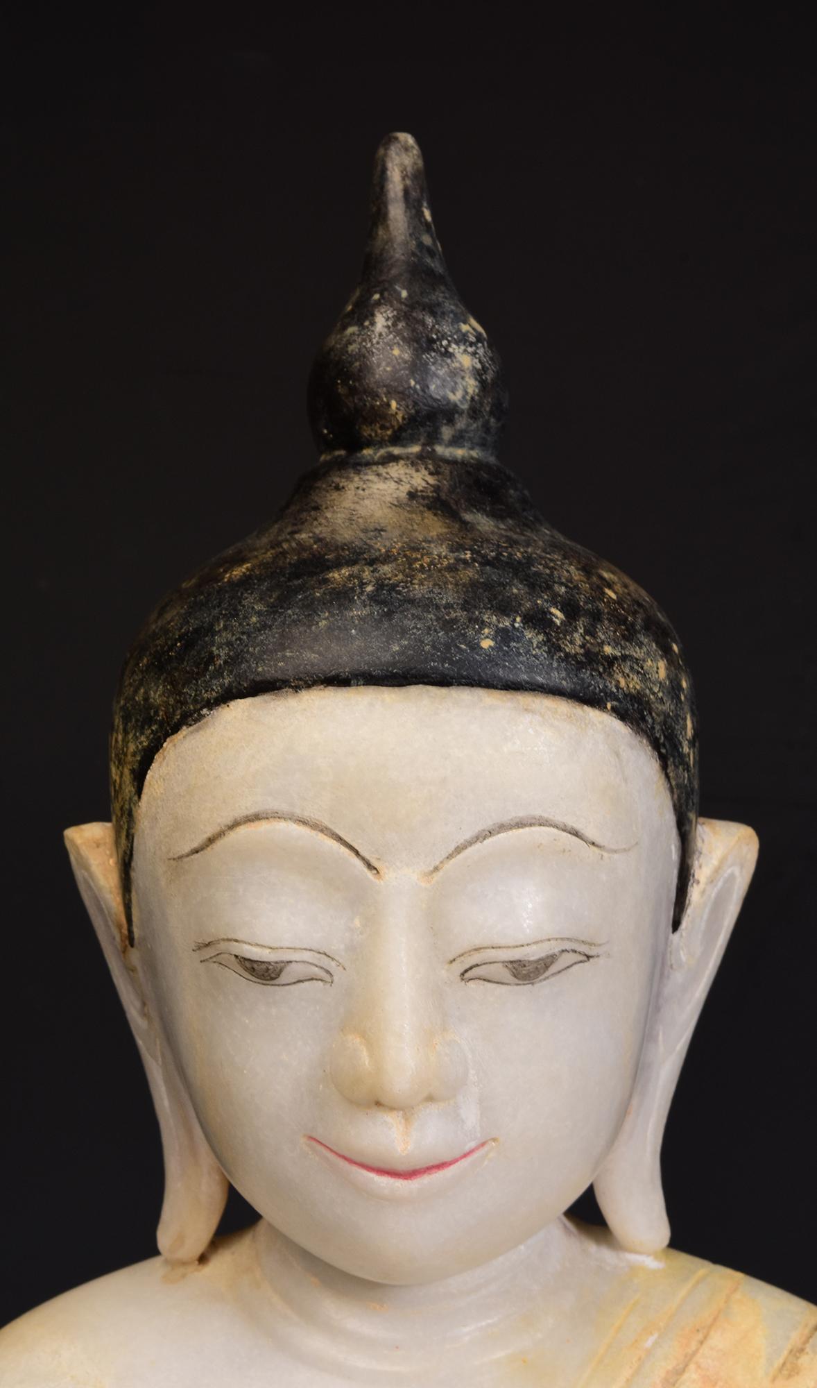 Hand-Carved 17th - 18th Century, Shan, Antique Burmese Alabaster Marble Seated Buddha Statue