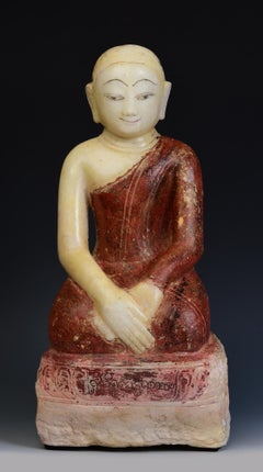 17th - 18th Century, Shan, Antique Burmese Alabaster Marble Seated Disciple Monk