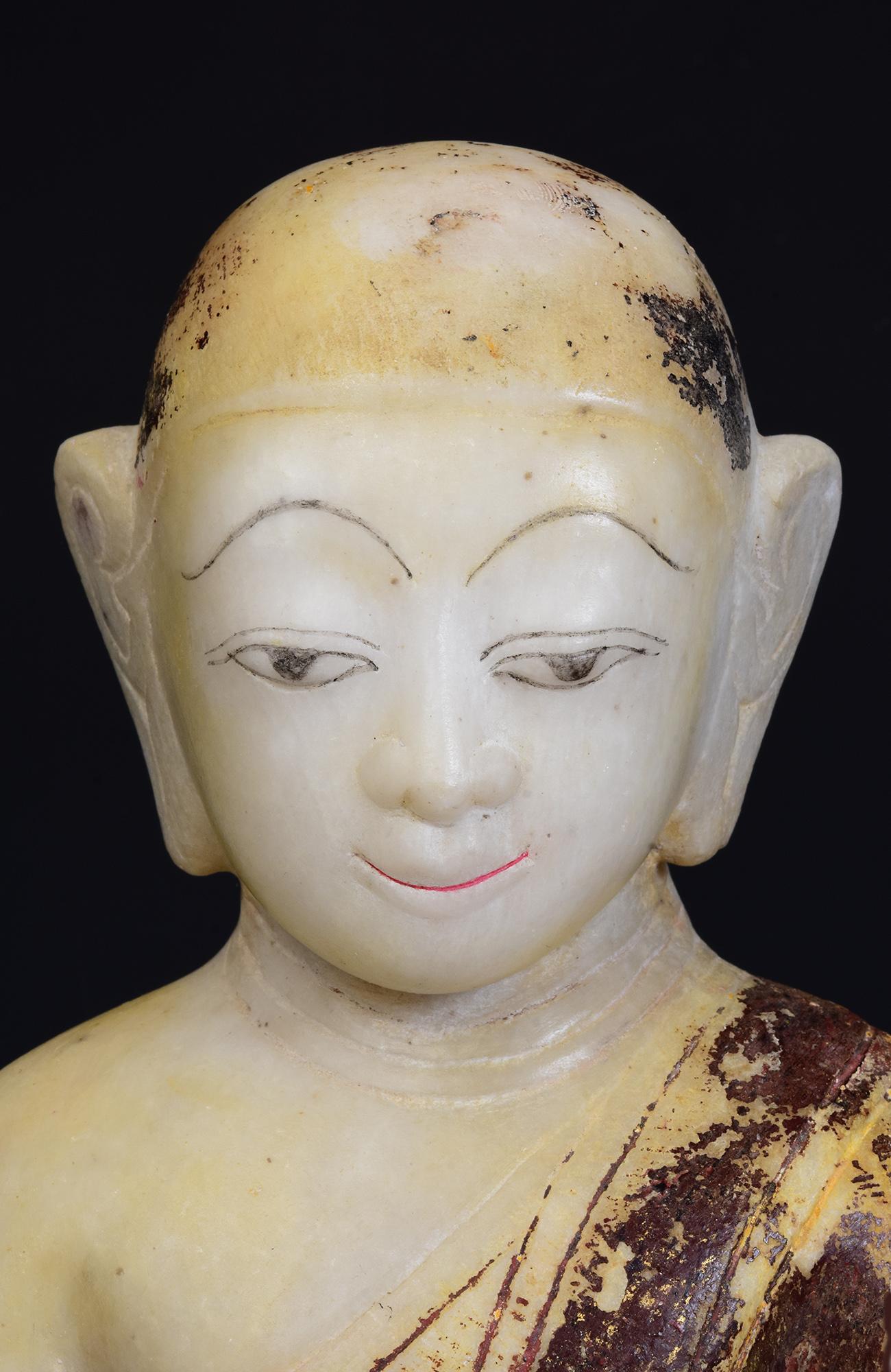 Hand-Carved 17th - 18th Century, Shan, Antique Burmese Alabaster Marble Seated Disciple Monk