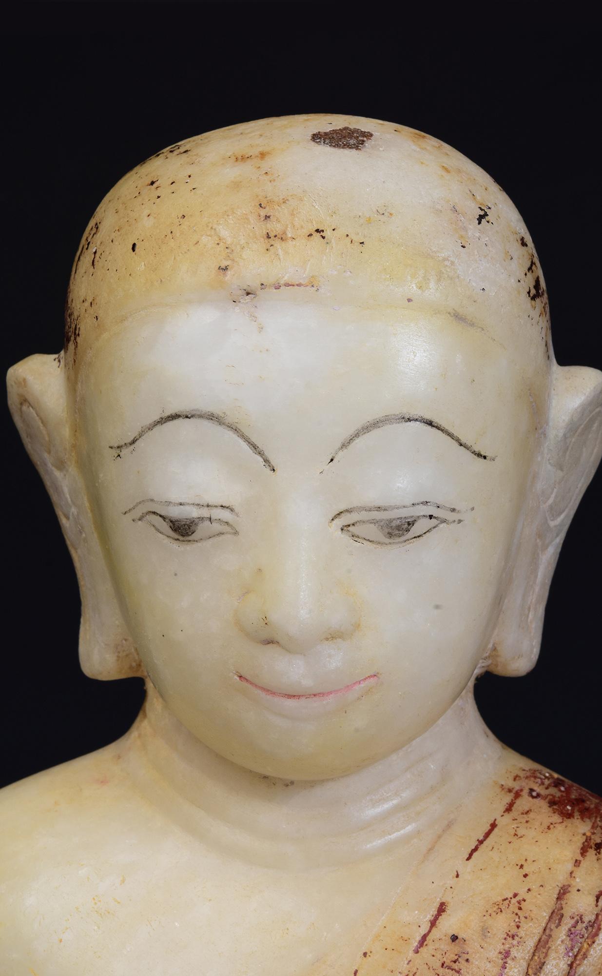 Hand-Carved 17th - 18th Century, Shan, Antique Burmese Alabaster Marble Seated Disciple Monk