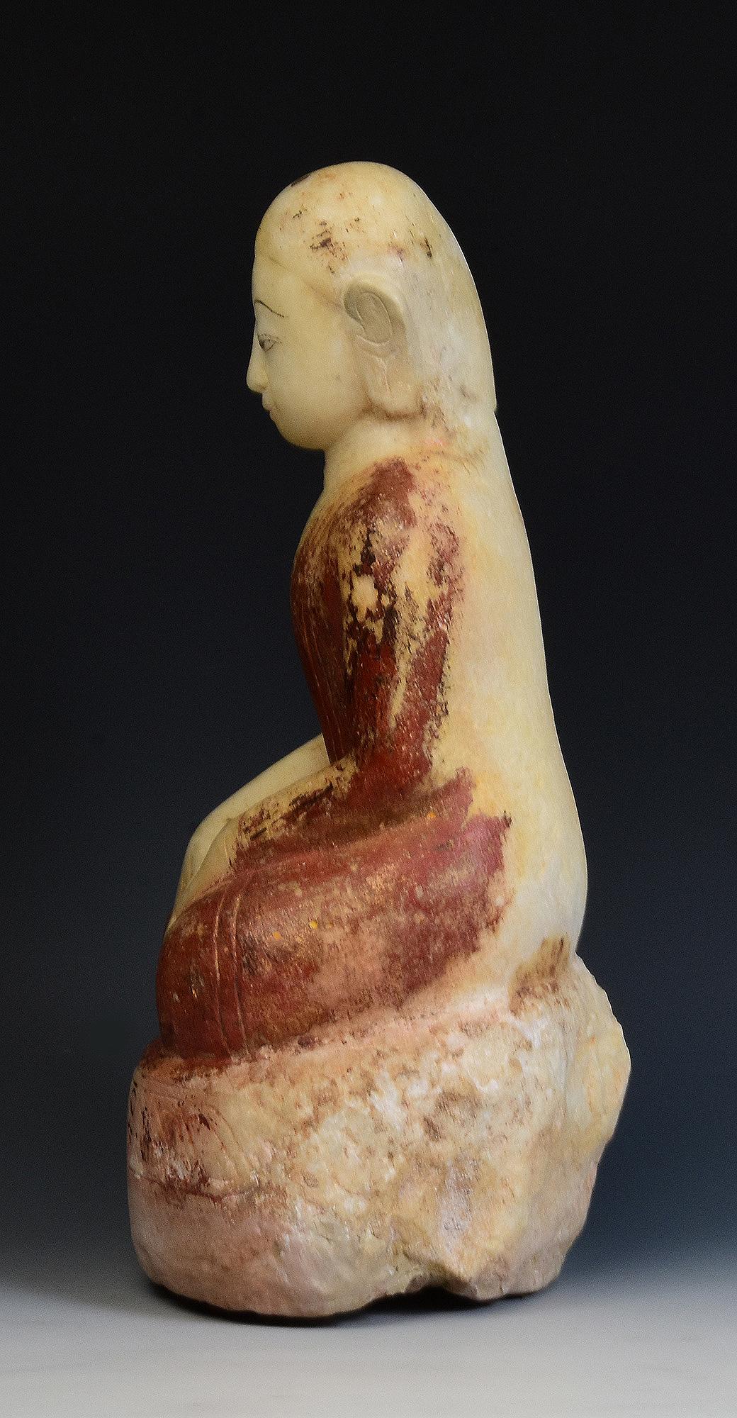 17th - 18th Century, Shan, Antique Burmese Alabaster Marble Seated Disciple Monk 3