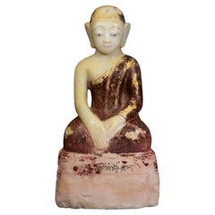 17th - 18th Century, Shan, Antique Burmese Alabaster Marble Seated Disciple Monk