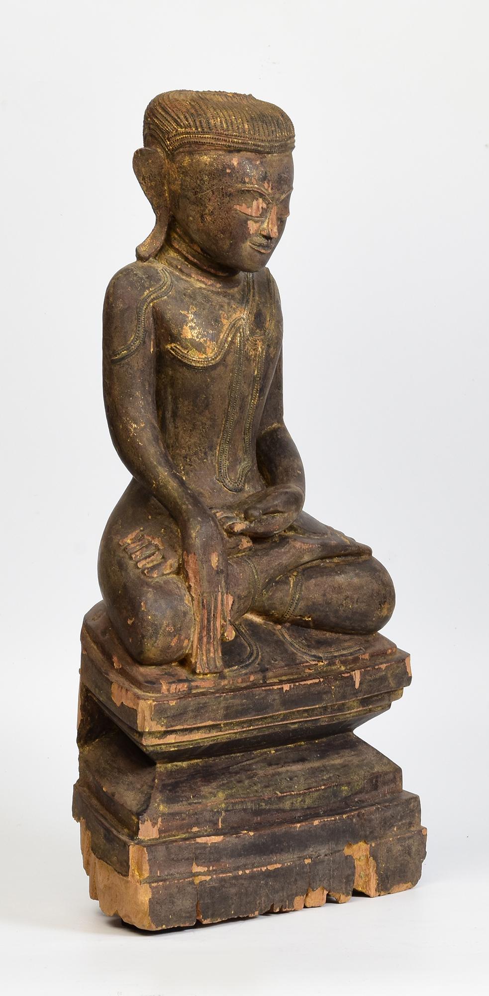 17th - 18th Century, Shan, Antique Burmese Wooden Seated Buddha For Sale 6