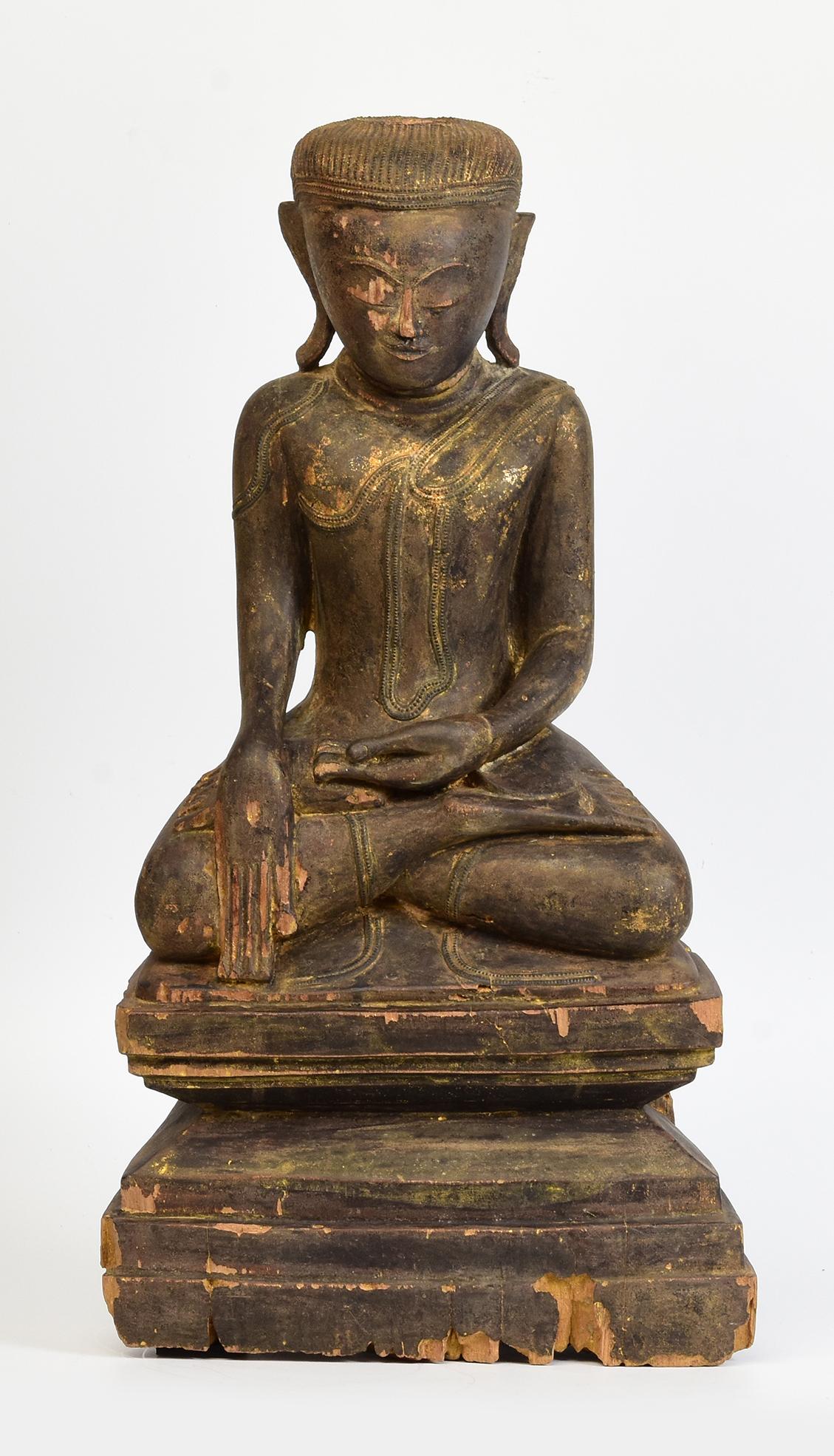 17th - 18th Century, Shan, Antique Burmese Wooden Seated Buddha For Sale 7