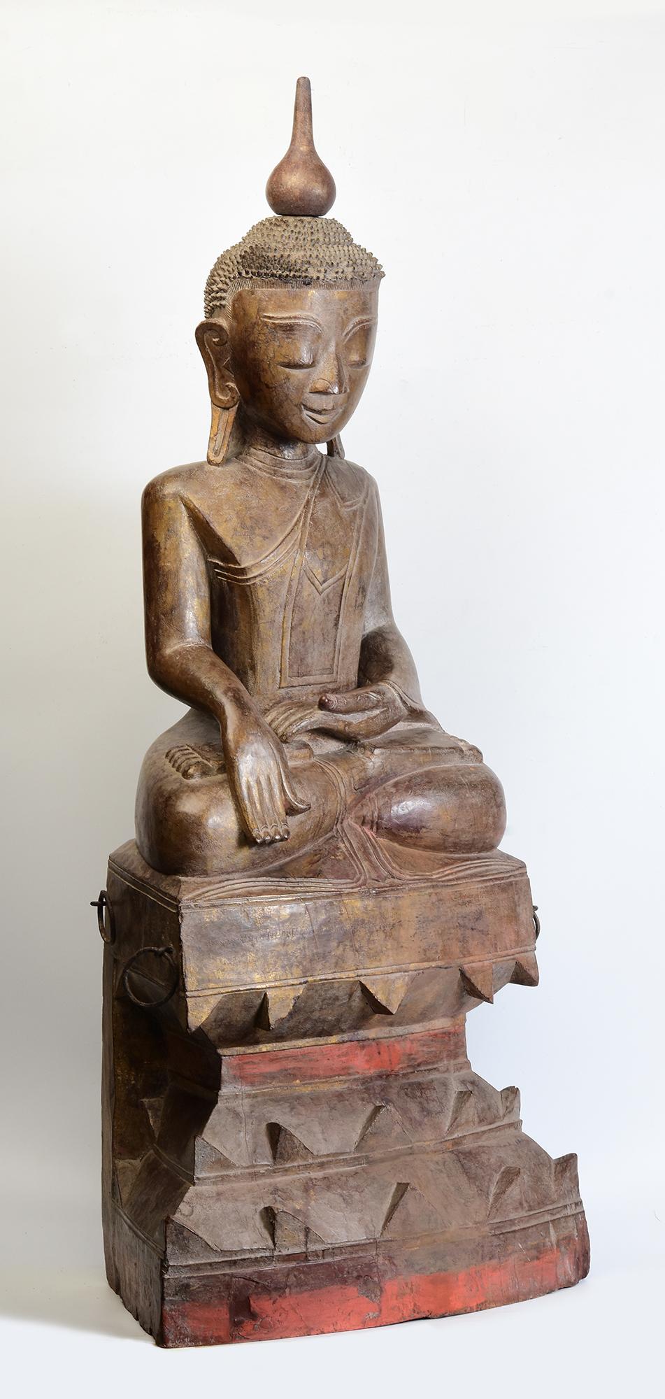 17th - 18th Century, Shan, Antique Burmese Wooden Seated Buddha For Sale 11