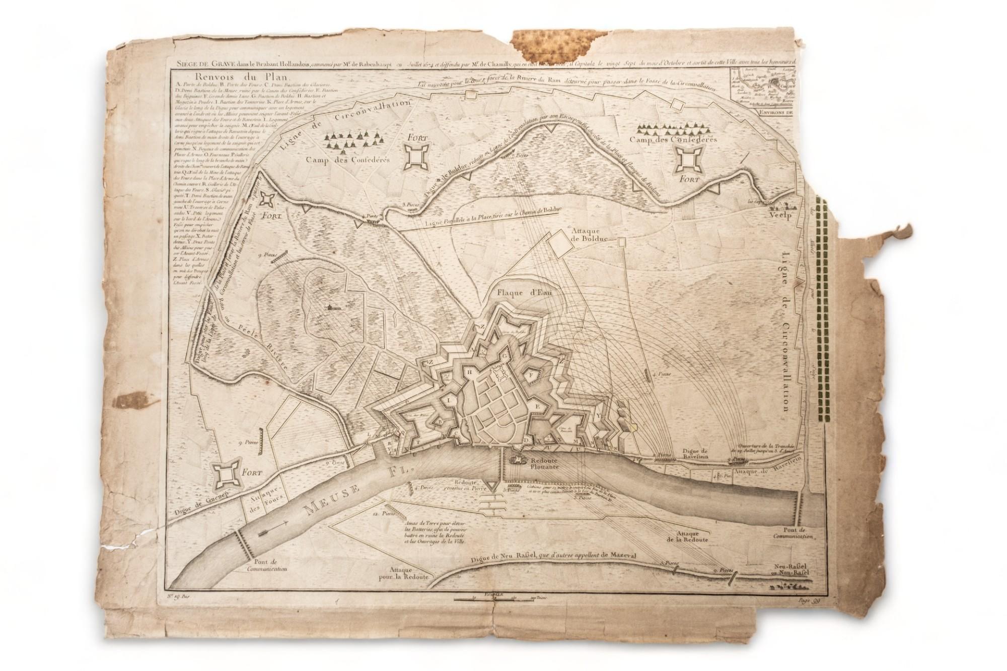 RARE gravure cartographique du siège de Graves, réalisée par Guillaume III, également connu sous le nom de Guillaume d'Orange, et datant du 17e-18e siècle,
Le siège de Grave, dans le Brabant néerlandais, a été entamé par Monsieur Carl de Rabenhaupt
