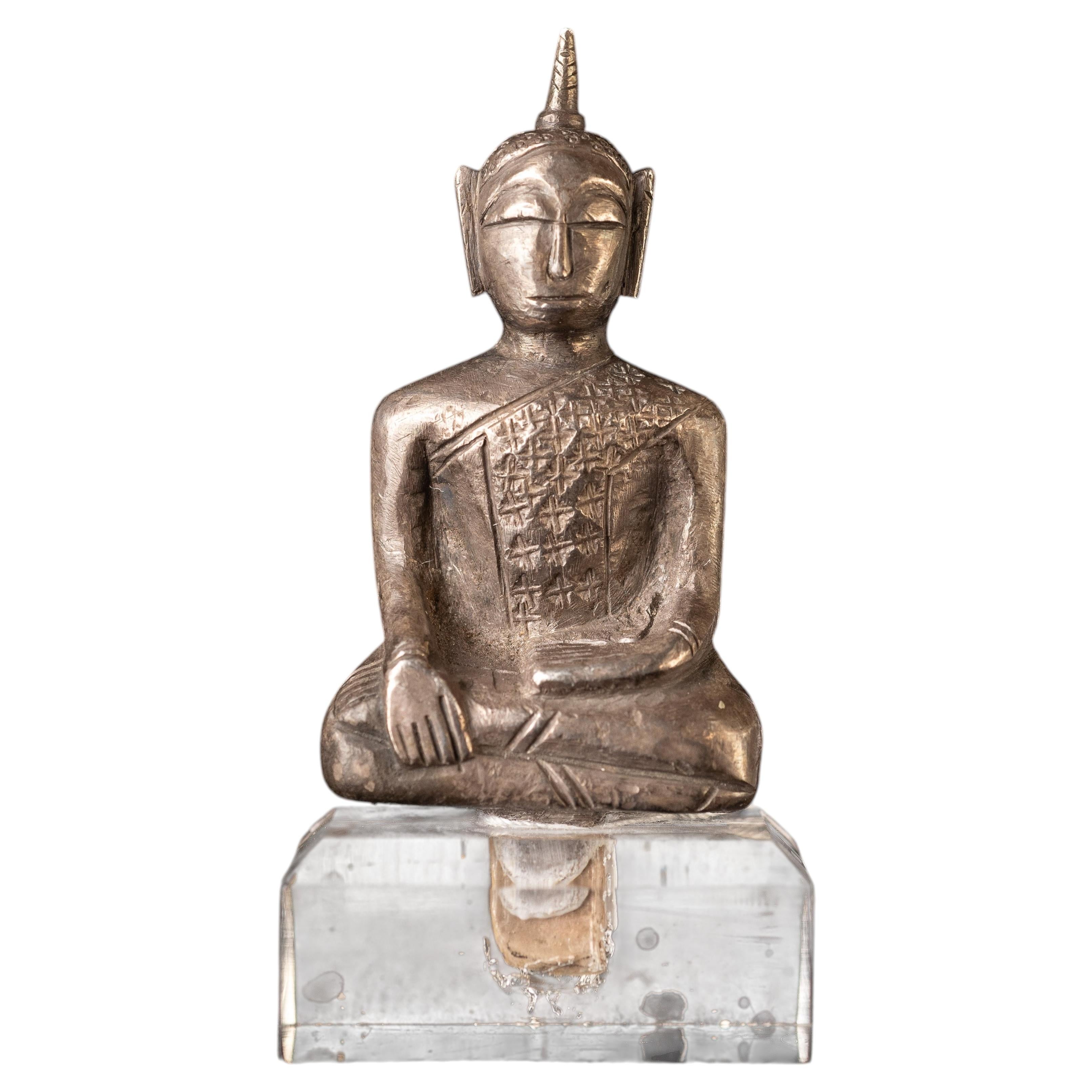 17th-18th Century Solid Cast Silver Cambodian Buddha For Sale