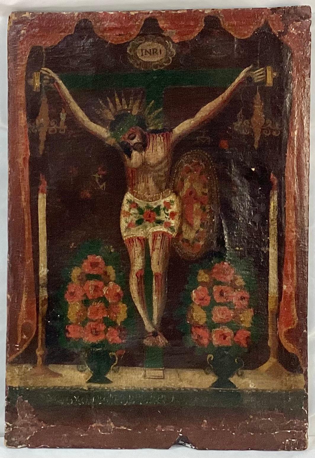 17th/18th Century Spanish Colonial Oil On Canvas Crucifixion Painting 3