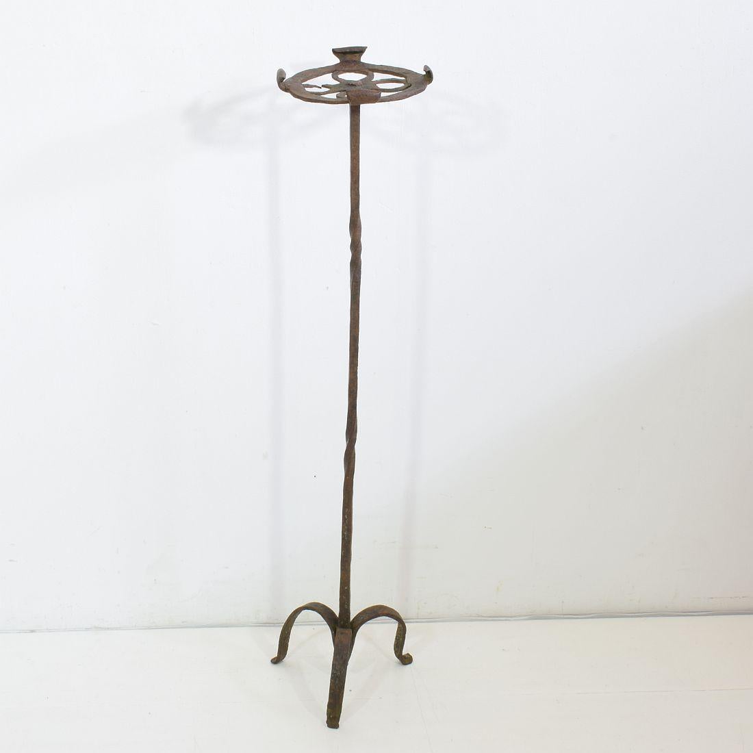 18th Century and Earlier 17th-18th Century Spanish Hand Forged Iron Candleholder For Sale