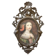 Antique 17th-18th Century Spanish Portrait Miniature, Noblewoman on Tortoiseshell