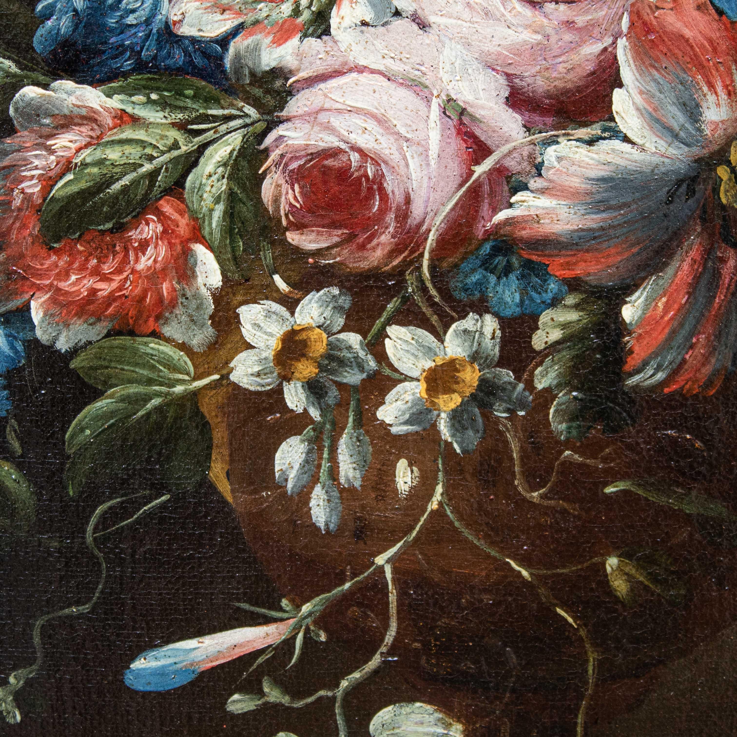 Toile Nature morte avec vase de fleurs, peinture à l'huile sur toile, 17e-18e siècle