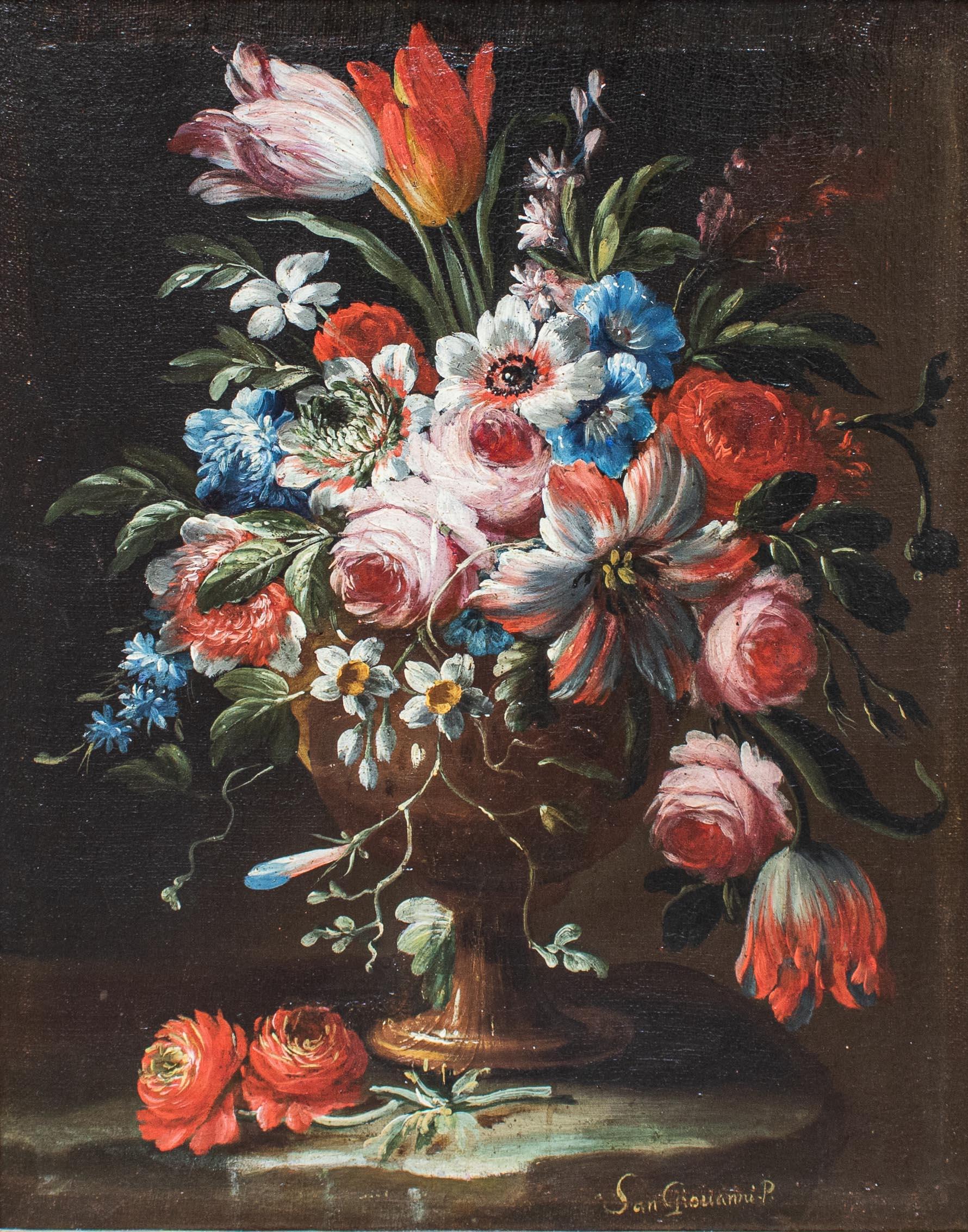 A. Sangiovanni (actif entre le 17e et le 18e siècle)
Nature morte avec vase de fleurs
Huile sur toile, 61 x 49 cm - avec cadre 78 x 65 cm
Signé 