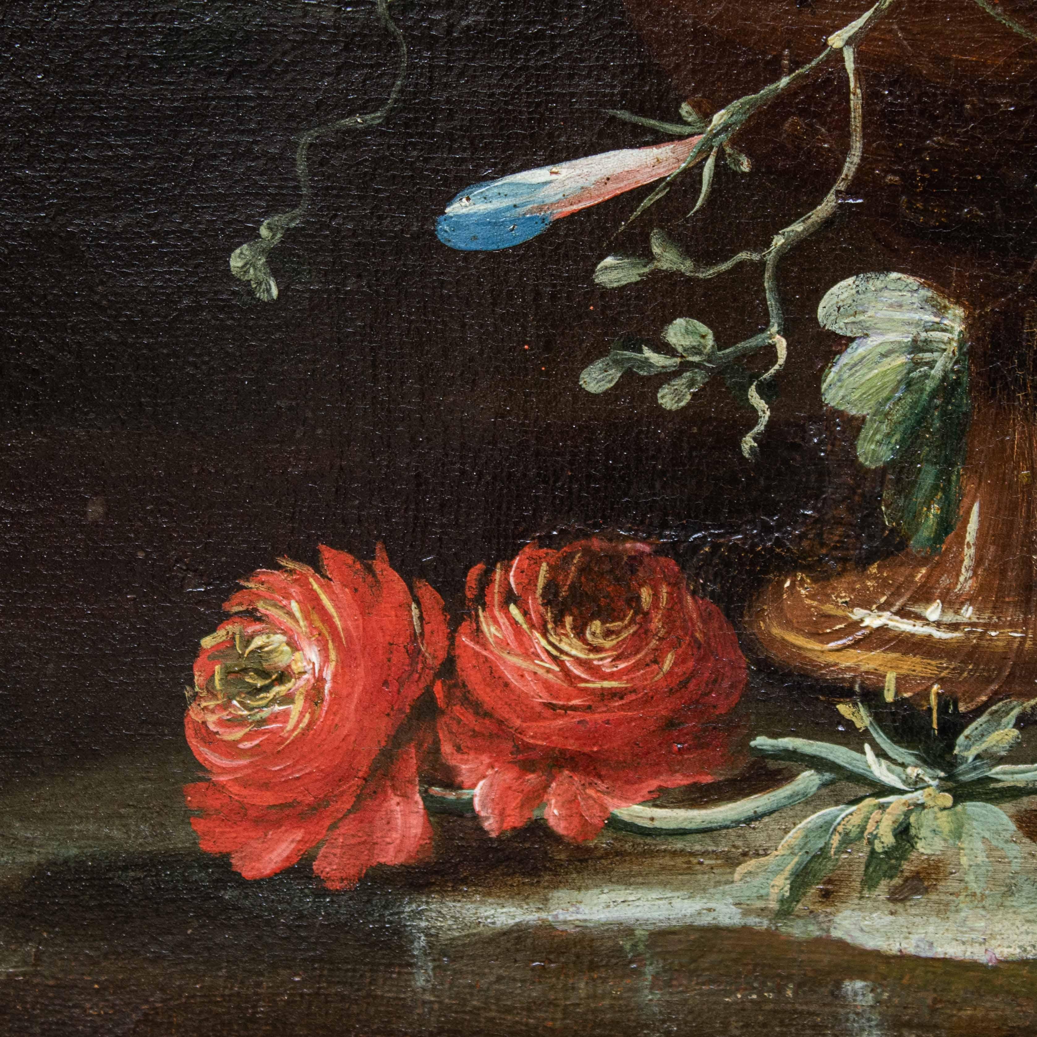 italien Nature morte avec vase de fleurs, peinture à l'huile sur toile, 17e-18e siècle