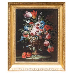 17th-18th Century Still Life with Vase of Flowers Painting Oil on Canvas