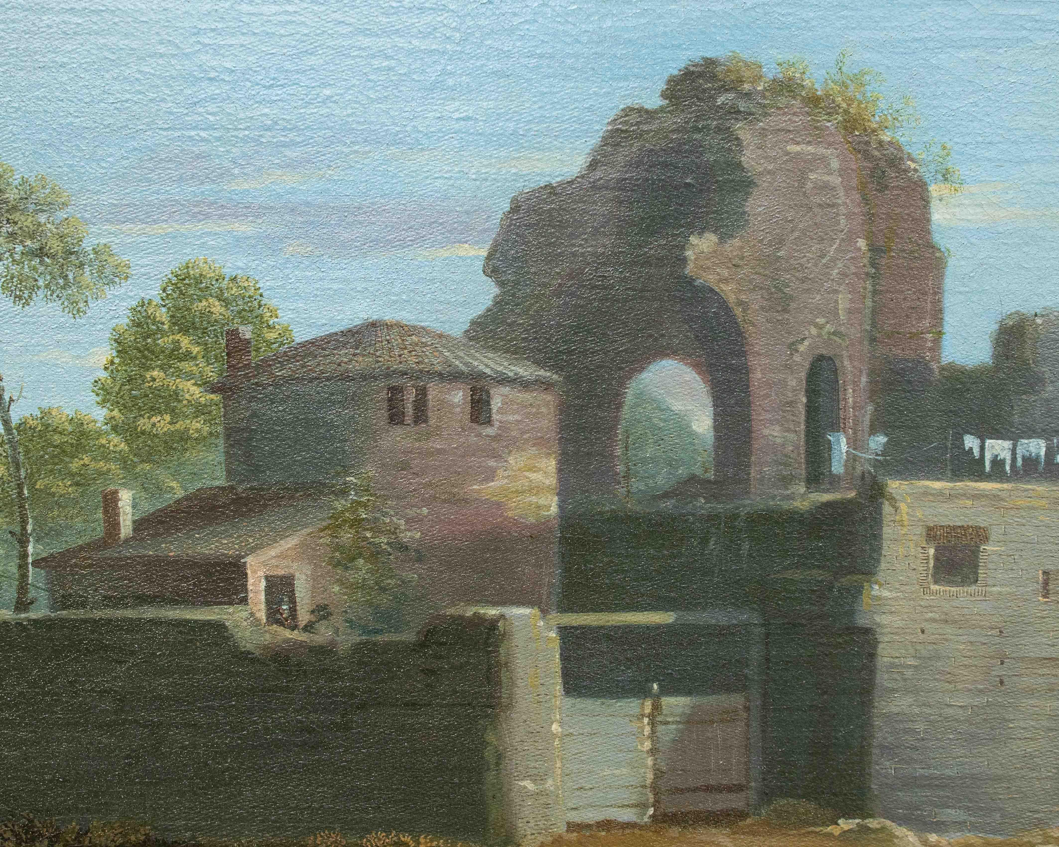 Italian 17th-18th Century View of the Temple of Minerva Painting Oil on Canvas For Sale