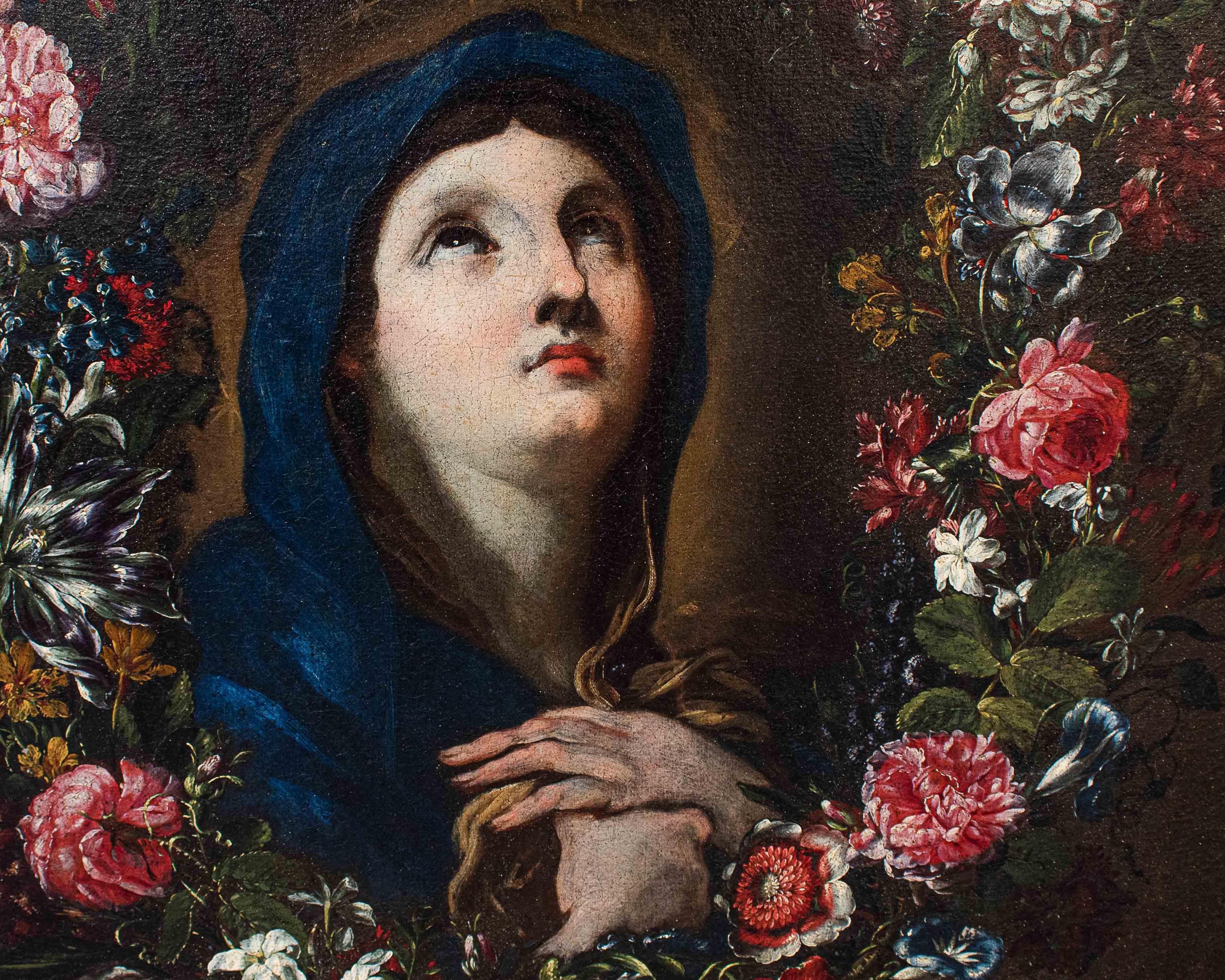 17th-18th Century Virgin with in Garland of Flowers Painting Oil on Canvas 4