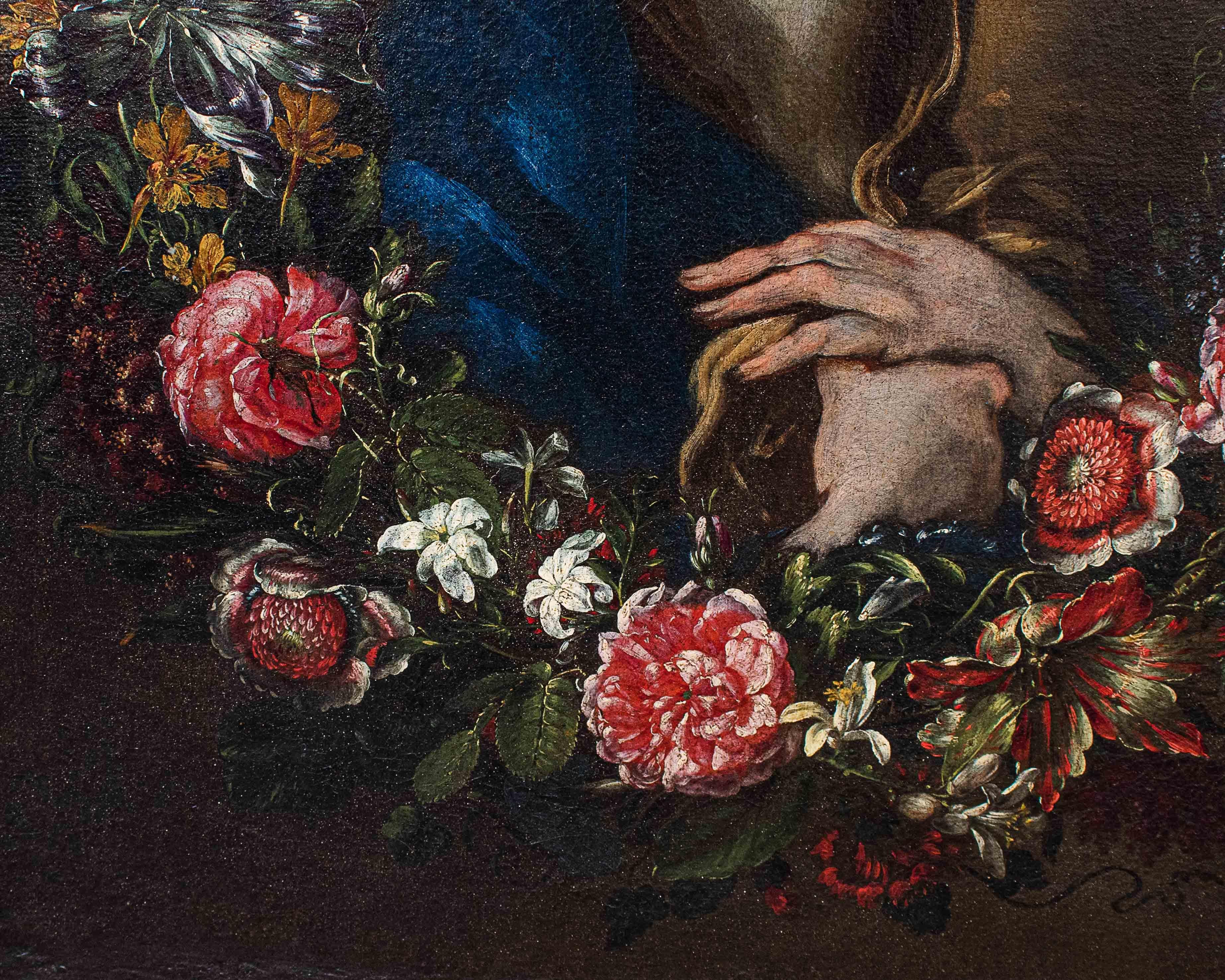 17th-18th Century Virgin with in Garland of Flowers Painting Oil on Canvas 5