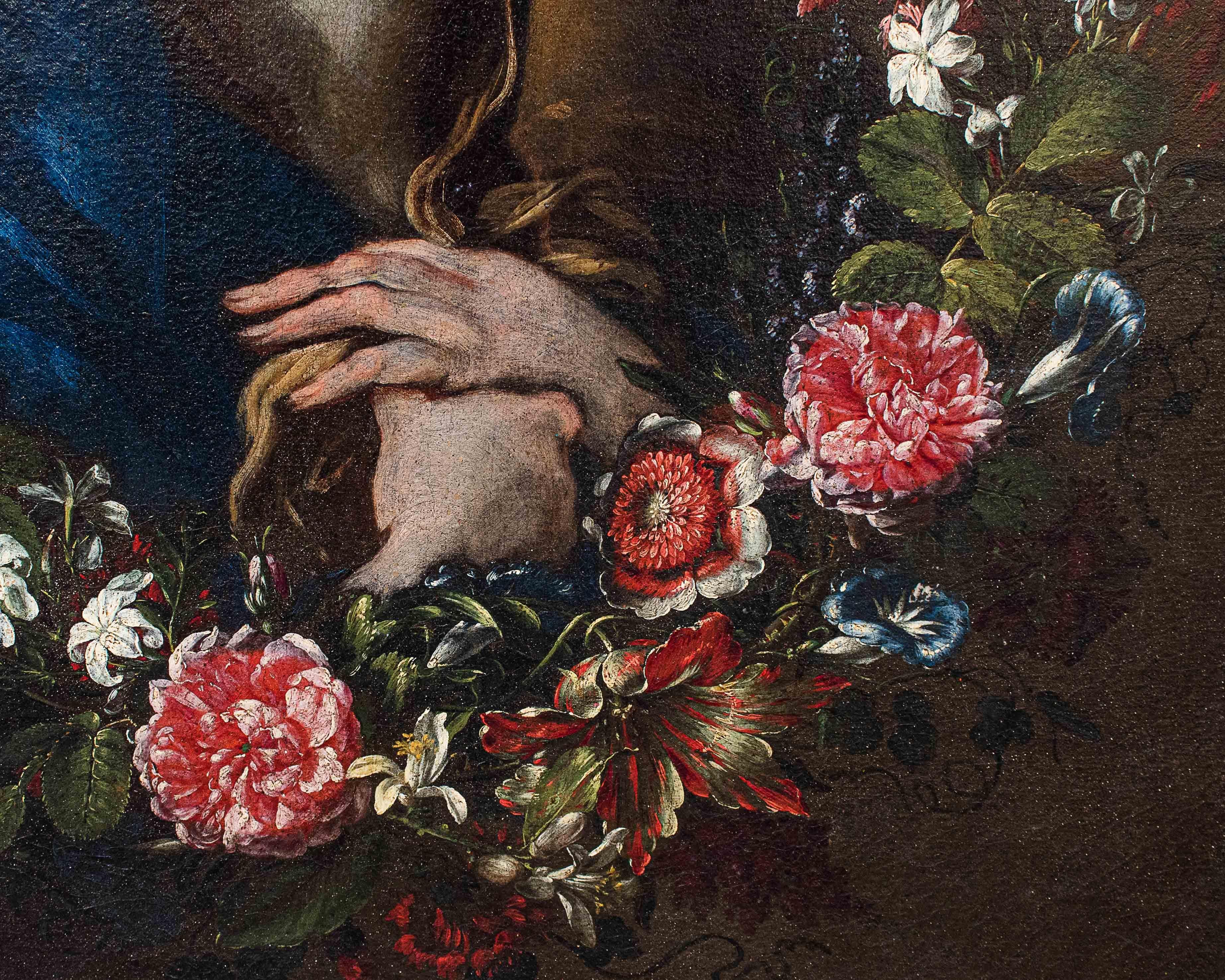 17th-18th Century Virgin with in Garland of Flowers Painting Oil on Canvas 6