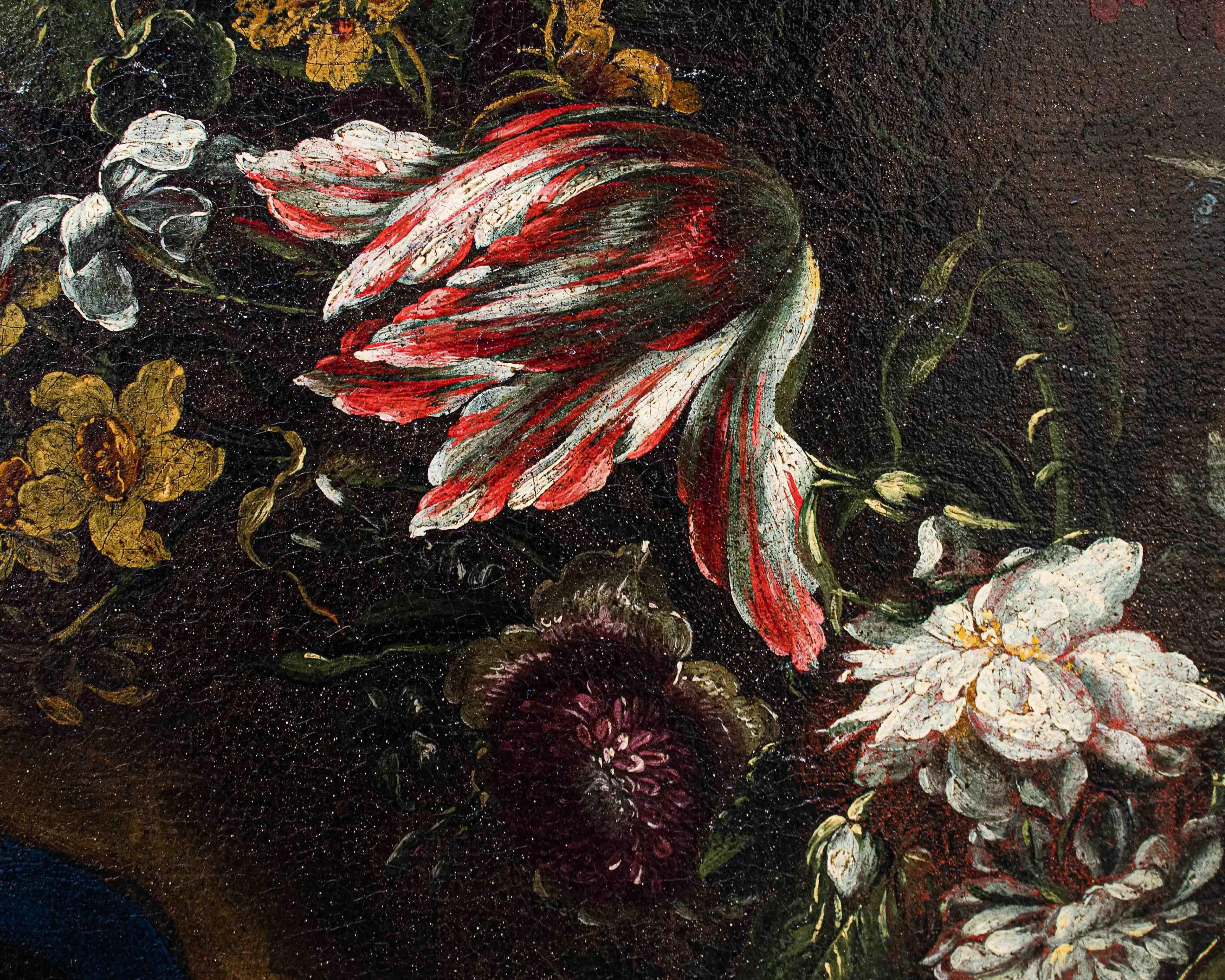 17th-18th Century Virgin with in Garland of Flowers Painting Oil on Canvas 8